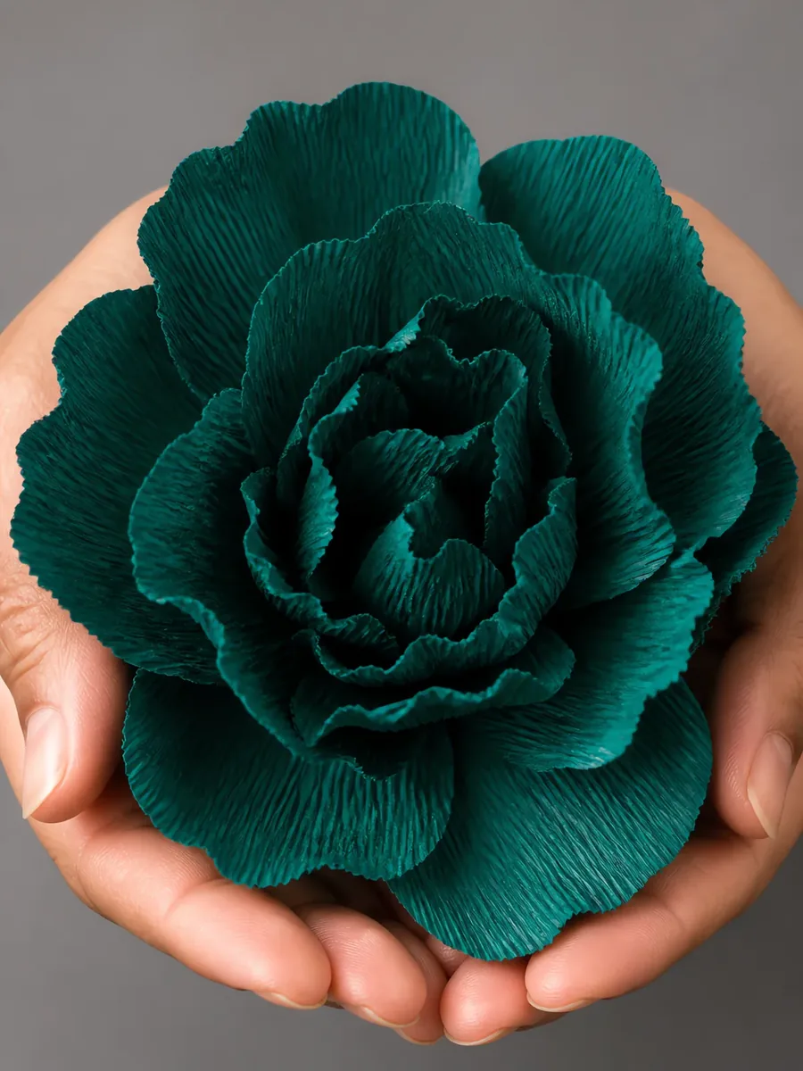 Manos sosteniendo una flor grande de papel crepé verde petróleo