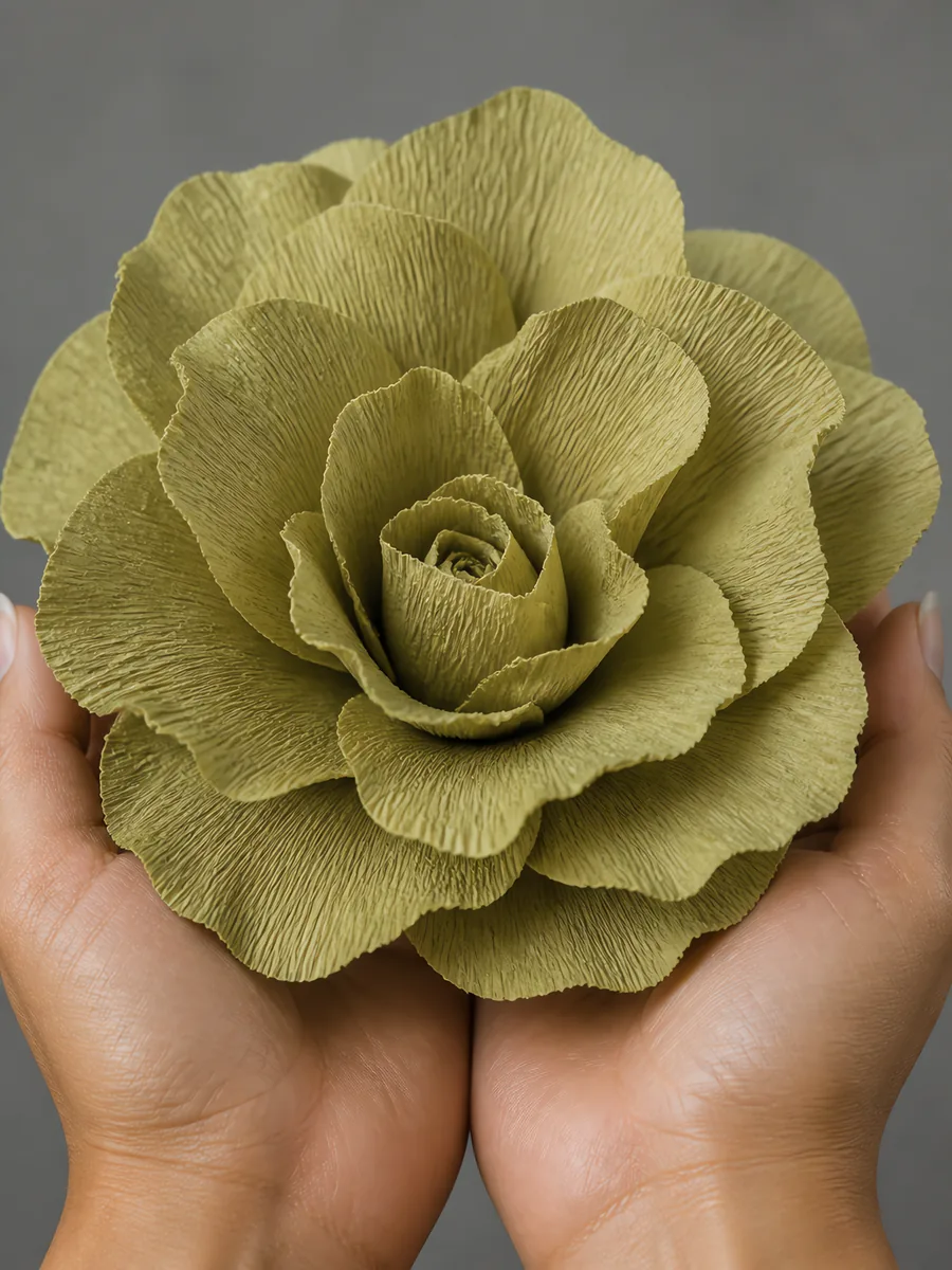 Manos sosteniendo una flor grande de papel crepé verde selva