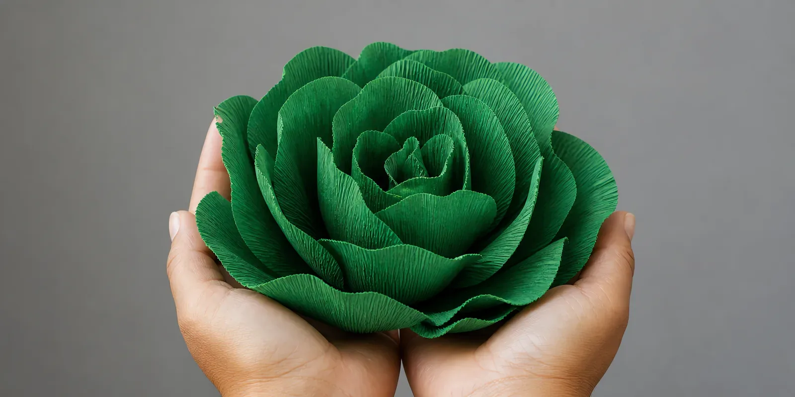 Manos sosteniendo una flor grande de papel crepé verde