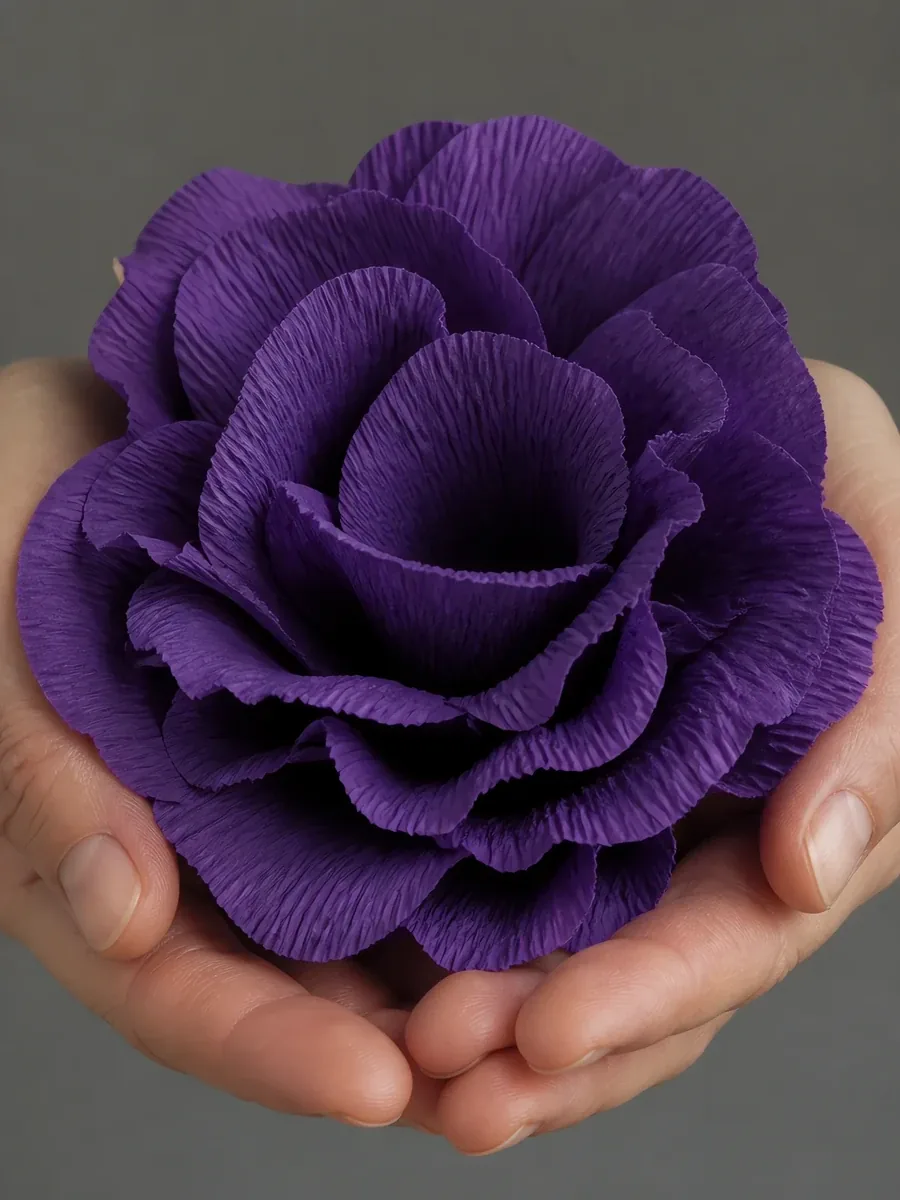 Manos sosteniendo una flor grande de papel crepé violeta eléctrico