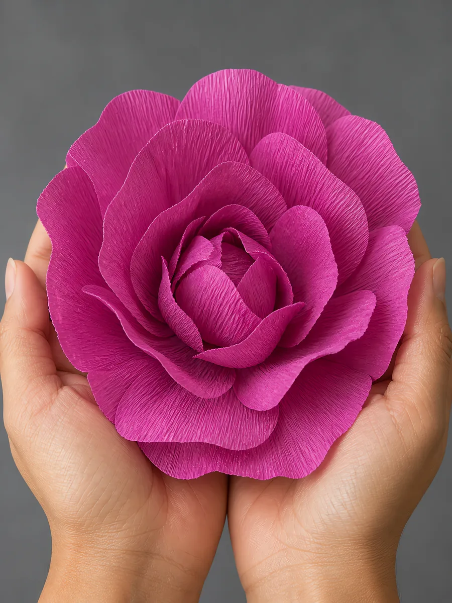 Manos sosteniendo una flor grande de papel crepé violeta rosáceo