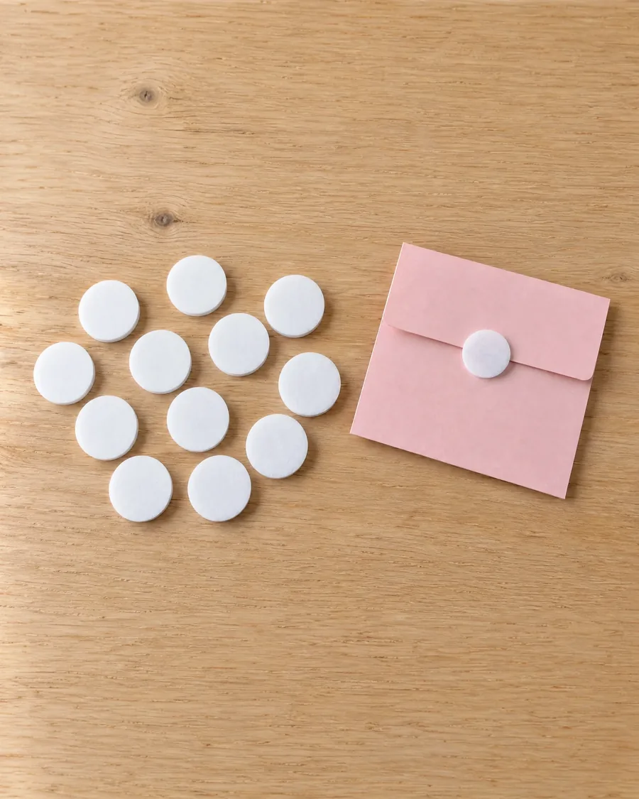 Doce círculos de abrojo blancos sobre la mesa, con una tarjeta cerrada con uno de ellos