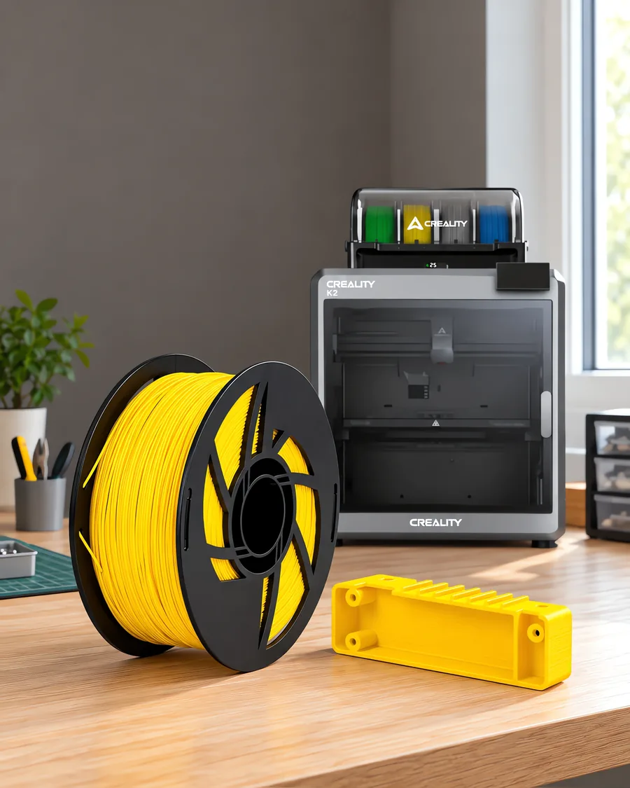 Carretel de filamento abs amarillo sobre una mesa de roble claro, con una impresora 3D detrás y una carcasa impresa en el mismo color al lado.