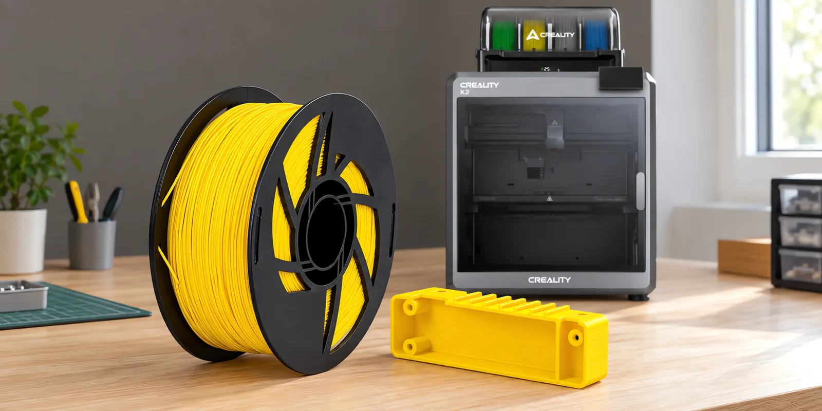 Carretel de filamento abs amarillo sobre una mesa de roble claro, con una impresora 3D detrás y una carcasa impresa en el mismo color al lado.