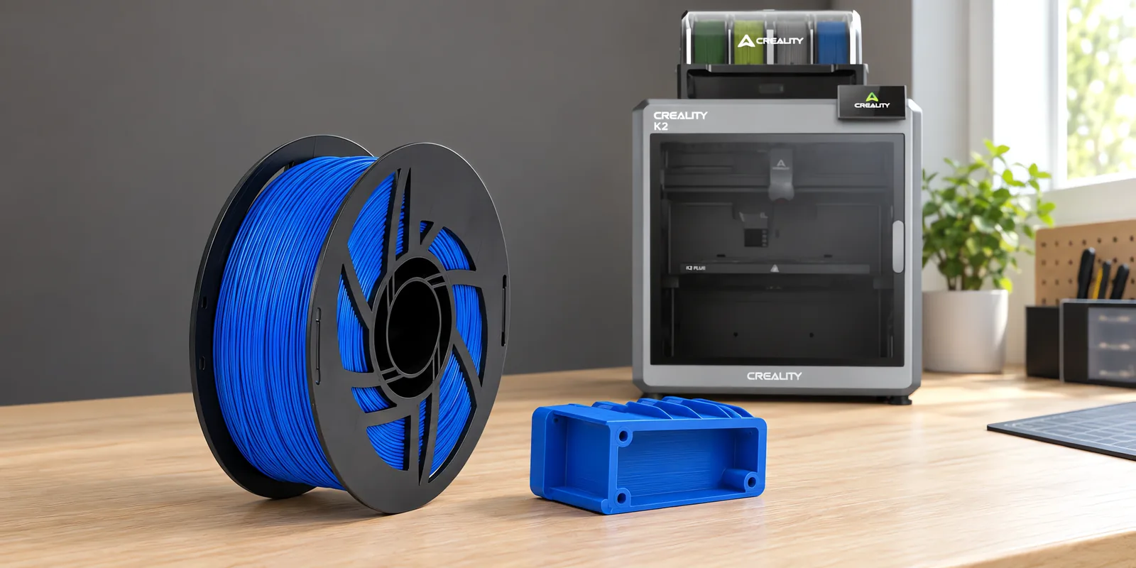 Carretel de filamento abs azul sobre una mesa de roble claro, con una impresora 3D detrás y una carcasa impresa en el mismo color al lado.