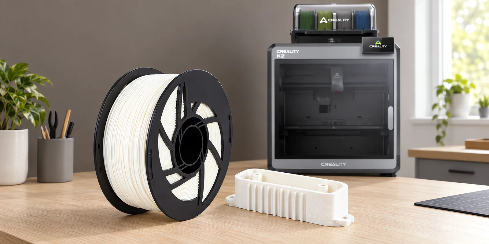 Carretel de filamento abs blanco sobre una mesa de roble claro, con una impresora 3D detrás y una carcasa impresa en el mismo color al lado.