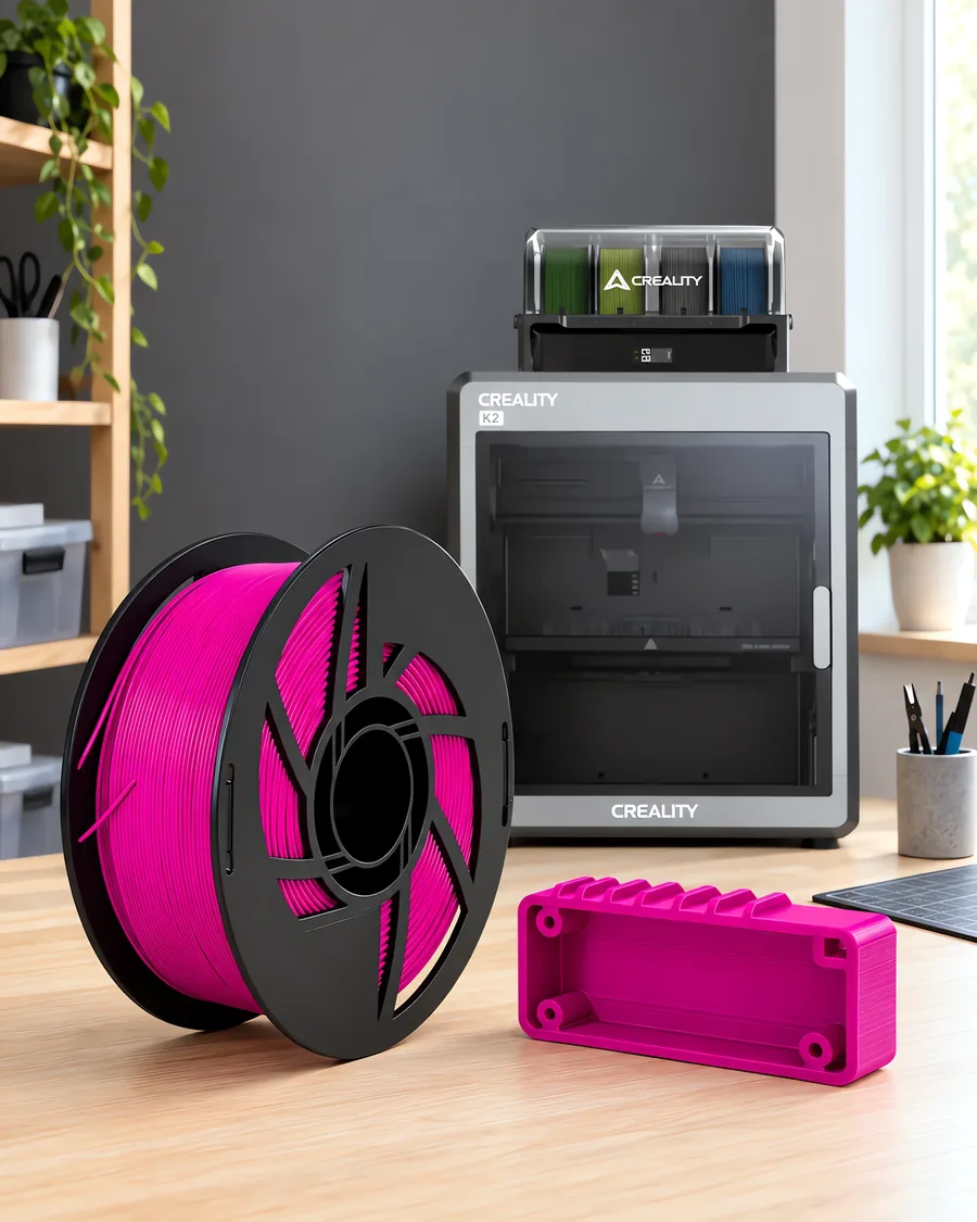Carretel de filamento abs fucsia sobre una mesa de roble claro, con una impresora 3D detrás y una carcasa impresa en el mismo color al lado.