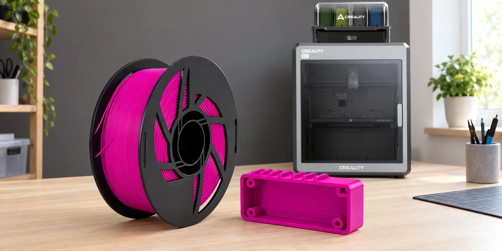 Carretel de filamento abs fucsia sobre una mesa de roble claro, con una impresora 3D detrás y una carcasa impresa en el mismo color al lado.