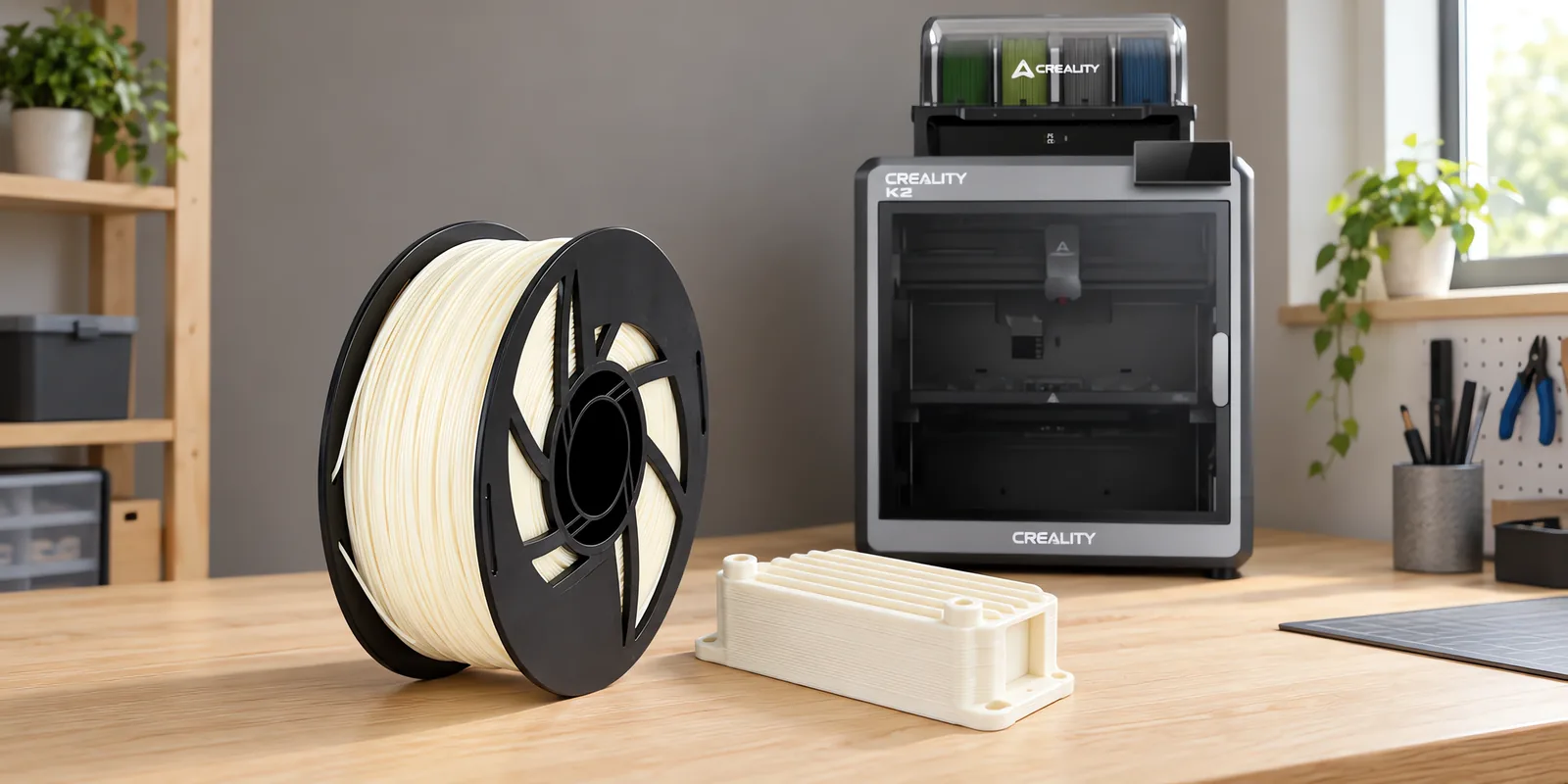 Carretel de filamento abs natural sobre una mesa de roble claro, con una impresora 3D detrás y una carcasa impresa en el mismo color al lado.