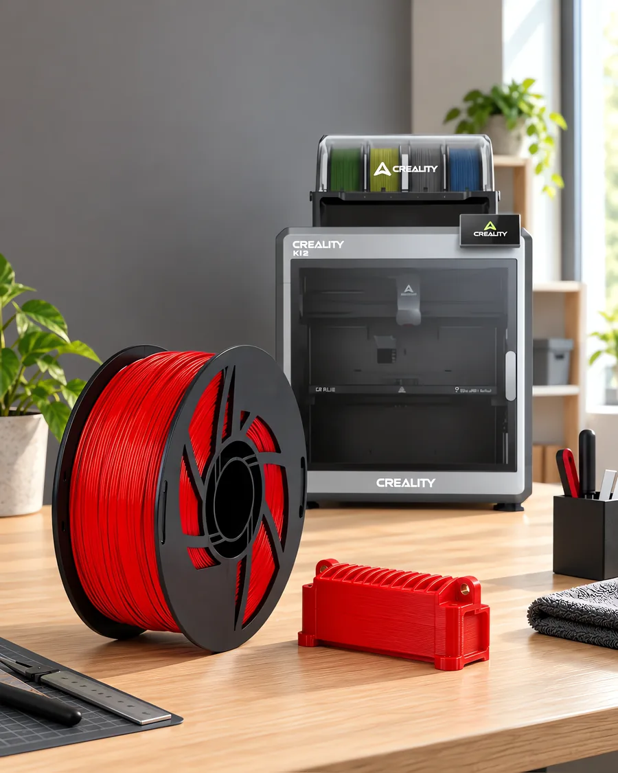 Carretel de filamento abs rojo sobre una mesa de roble claro, con una impresora 3D detrás y una carcasa impresa en el mismo color al lado.