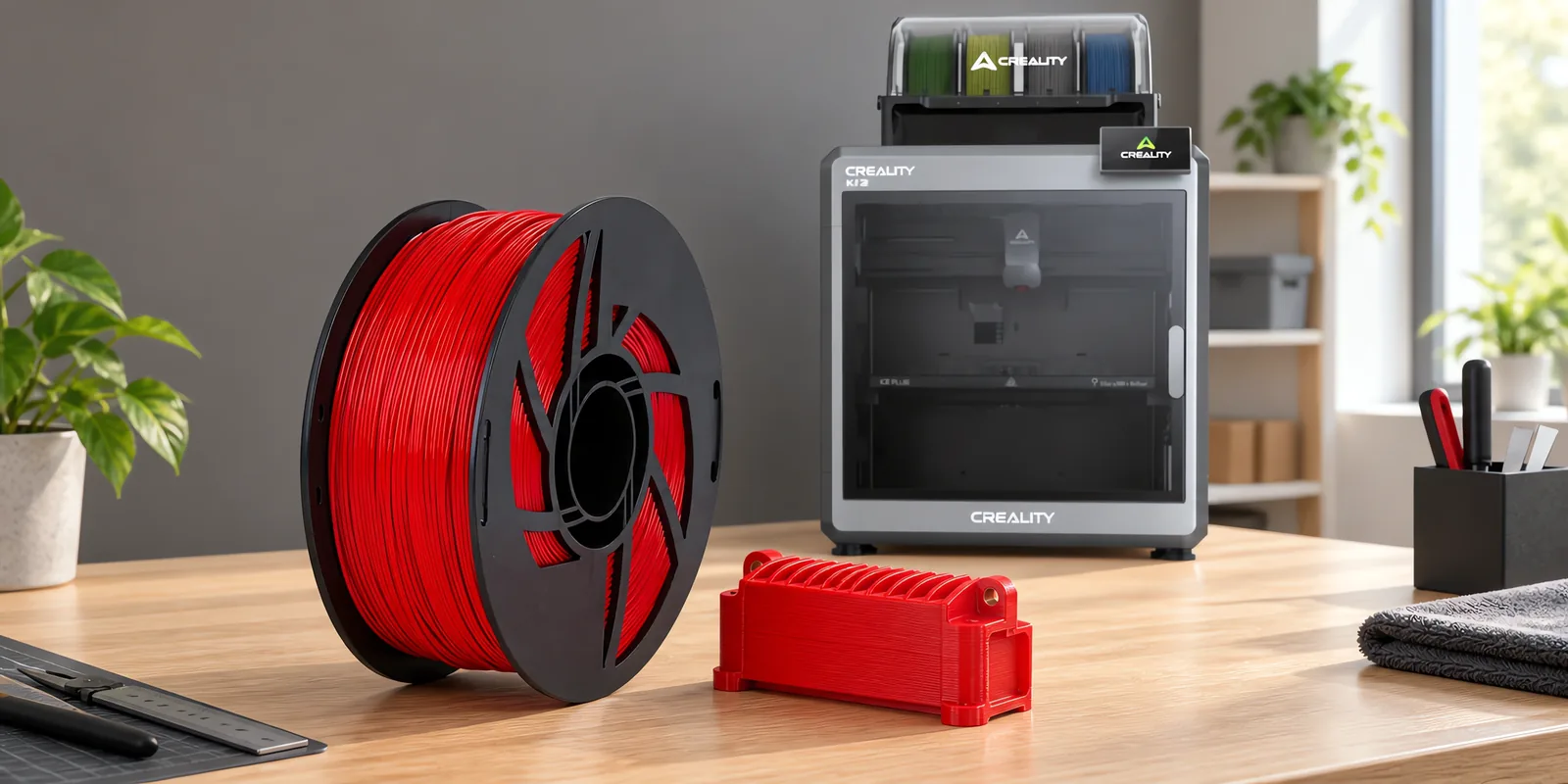 Carretel de filamento abs rojo sobre una mesa de roble claro, con una impresora 3D detrás y una carcasa impresa en el mismo color al lado.