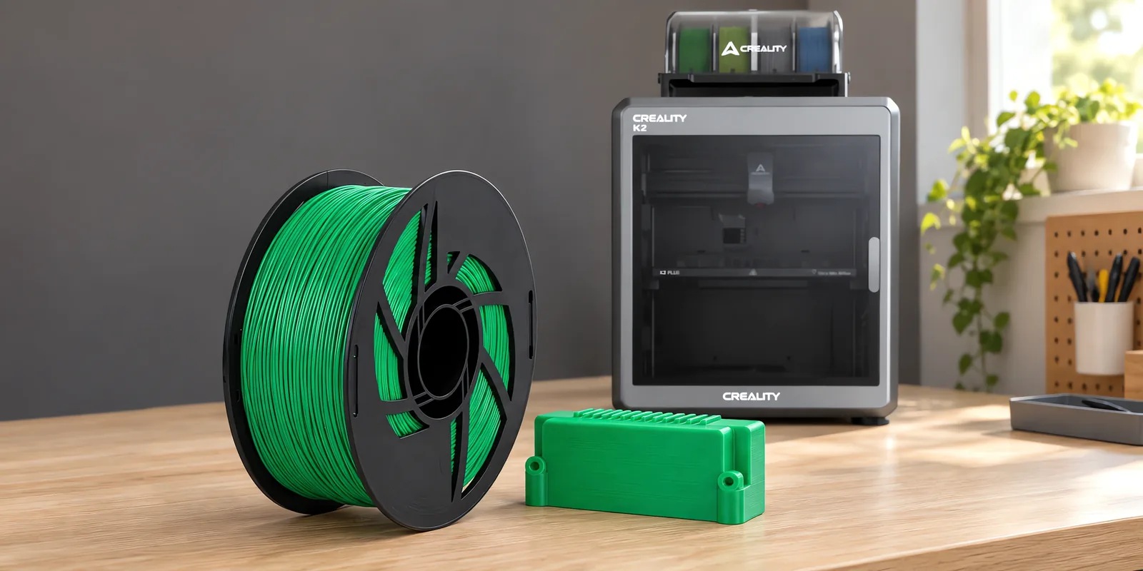 Carretel de filamento abs verde sobre una mesa de roble claro, con una impresora 3D detrás y una carcasa impresa en el mismo color al lado.
