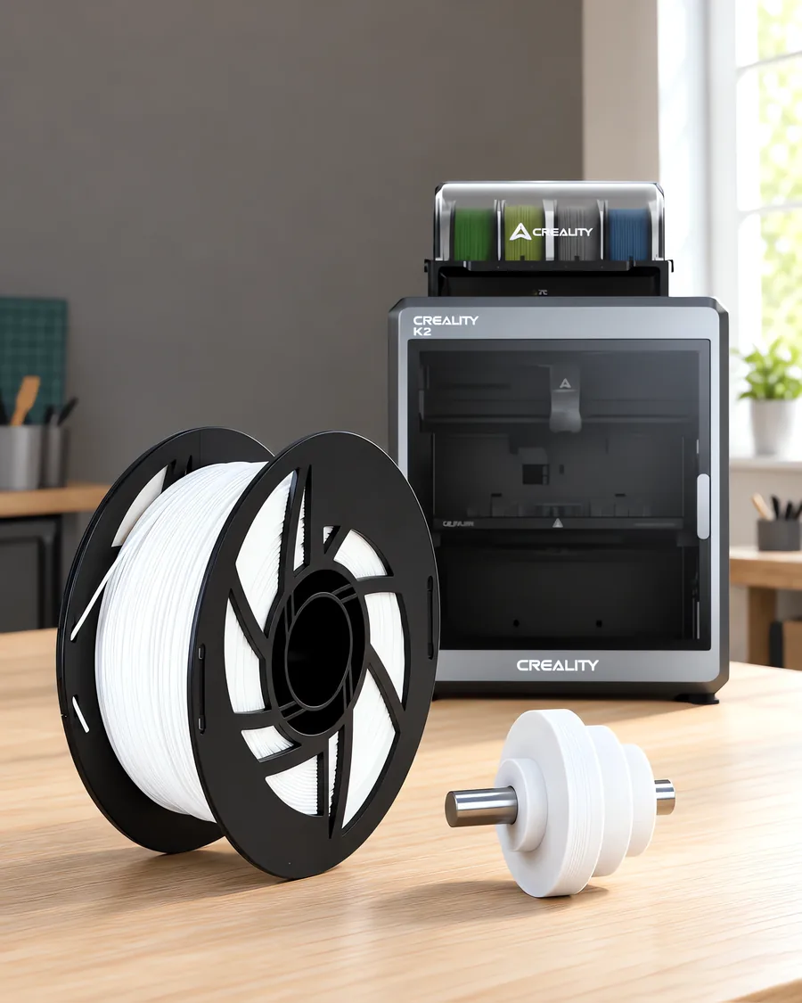 Carretel de filamento acetal blanco sobre una mesa de roble claro, con una impresora 3D detrás y una polea impresa en el mismo color al lado.