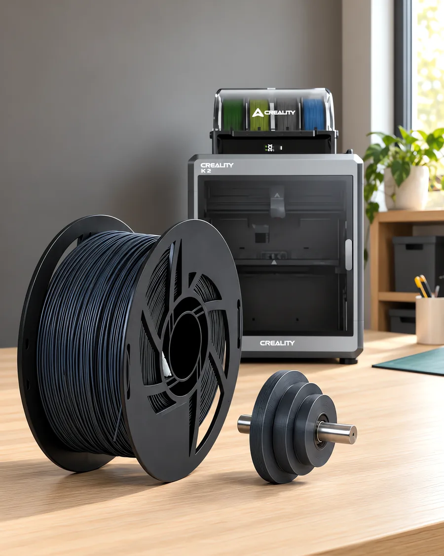 Carretel de filamento acetal gris acero sobre una mesa de roble claro, con una impresora 3D detrás y una polea impresa en el mismo color al lado.