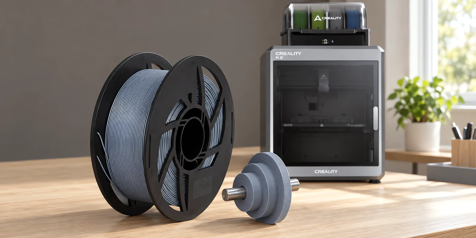 Carretel de filamento acetal gris plata sobre una mesa de roble claro, con una impresora 3D detrás y una polea impresa en el mismo color al lado.