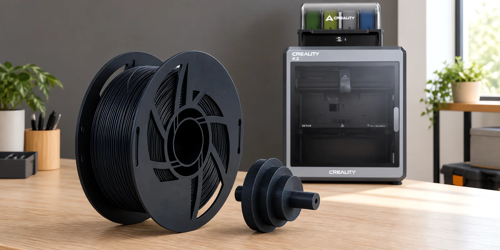 Carretel de filamento acetal negro sobre una mesa de roble claro, con una impresora 3D detrás y una polea impresa en el mismo color al lado.