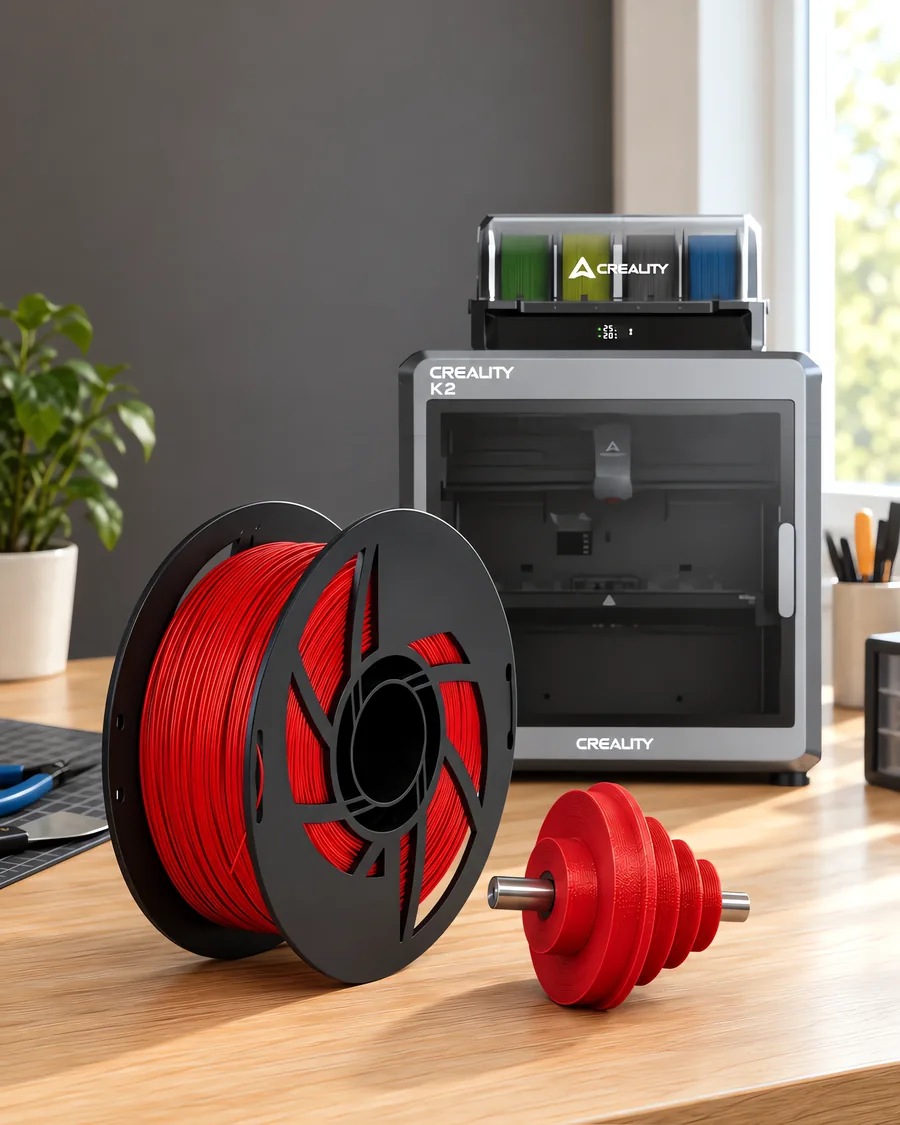 Carretel de filamento acetal rojo sobre una mesa de roble claro, con una impresora 3D detrás y una polea impresa en el mismo color al lado.