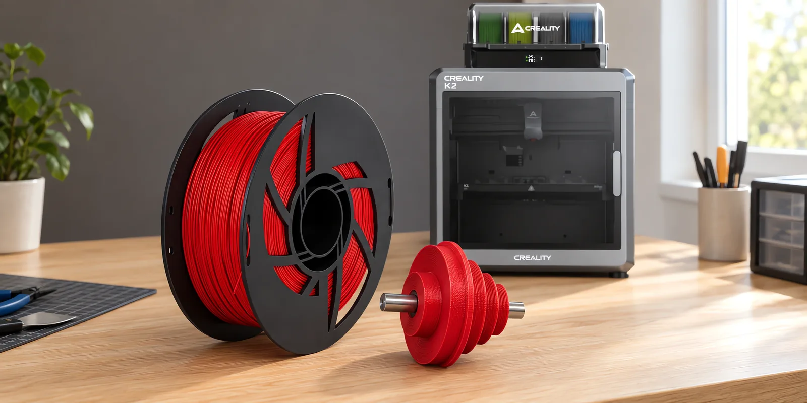 Carretel de filamento acetal rojo sobre una mesa de roble claro, con una impresora 3D detrás y una polea impresa en el mismo color al lado.