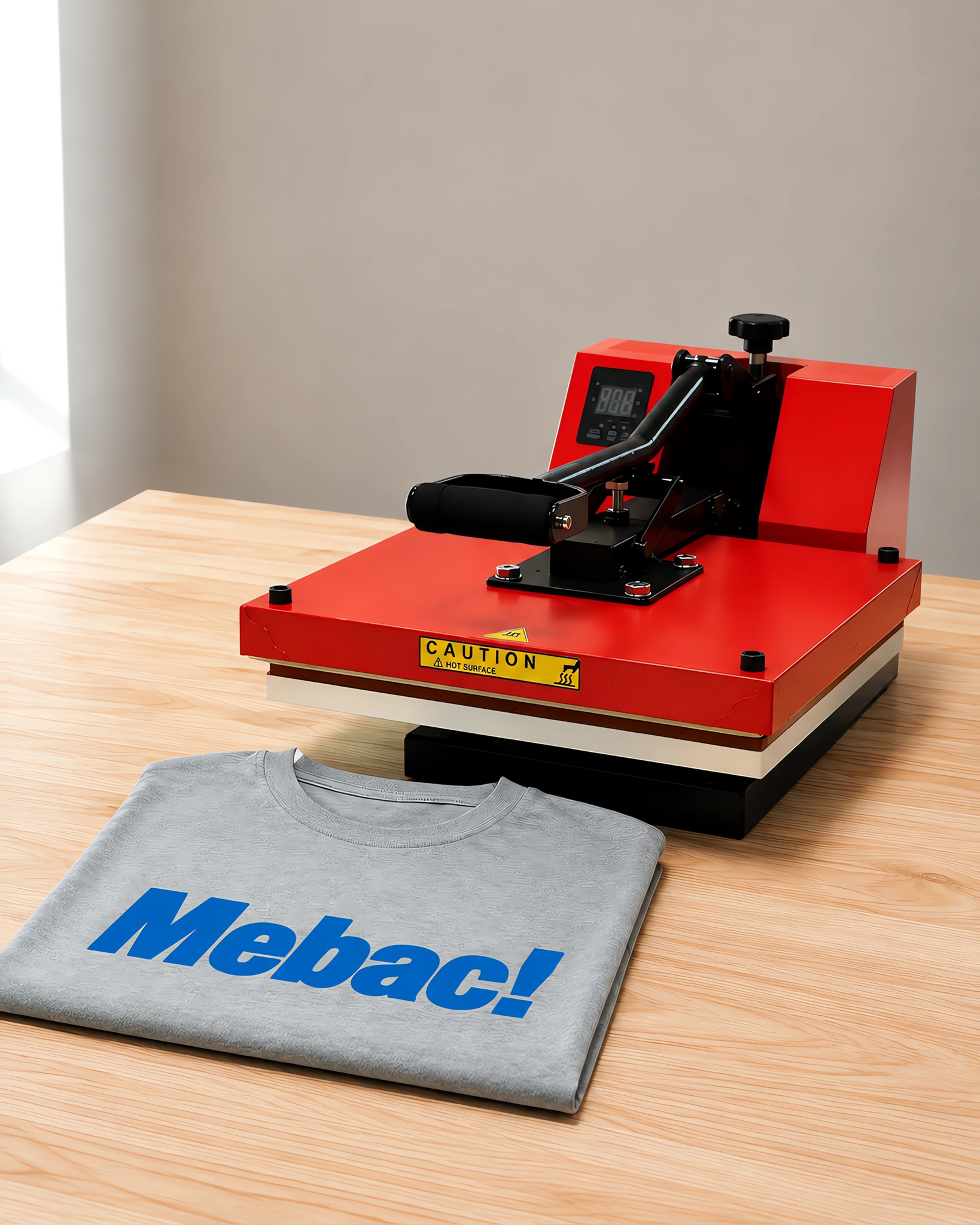 Prensa térmica plana de 38 × 38 cm sobre la mesa, con una remera recién estampada al lado
