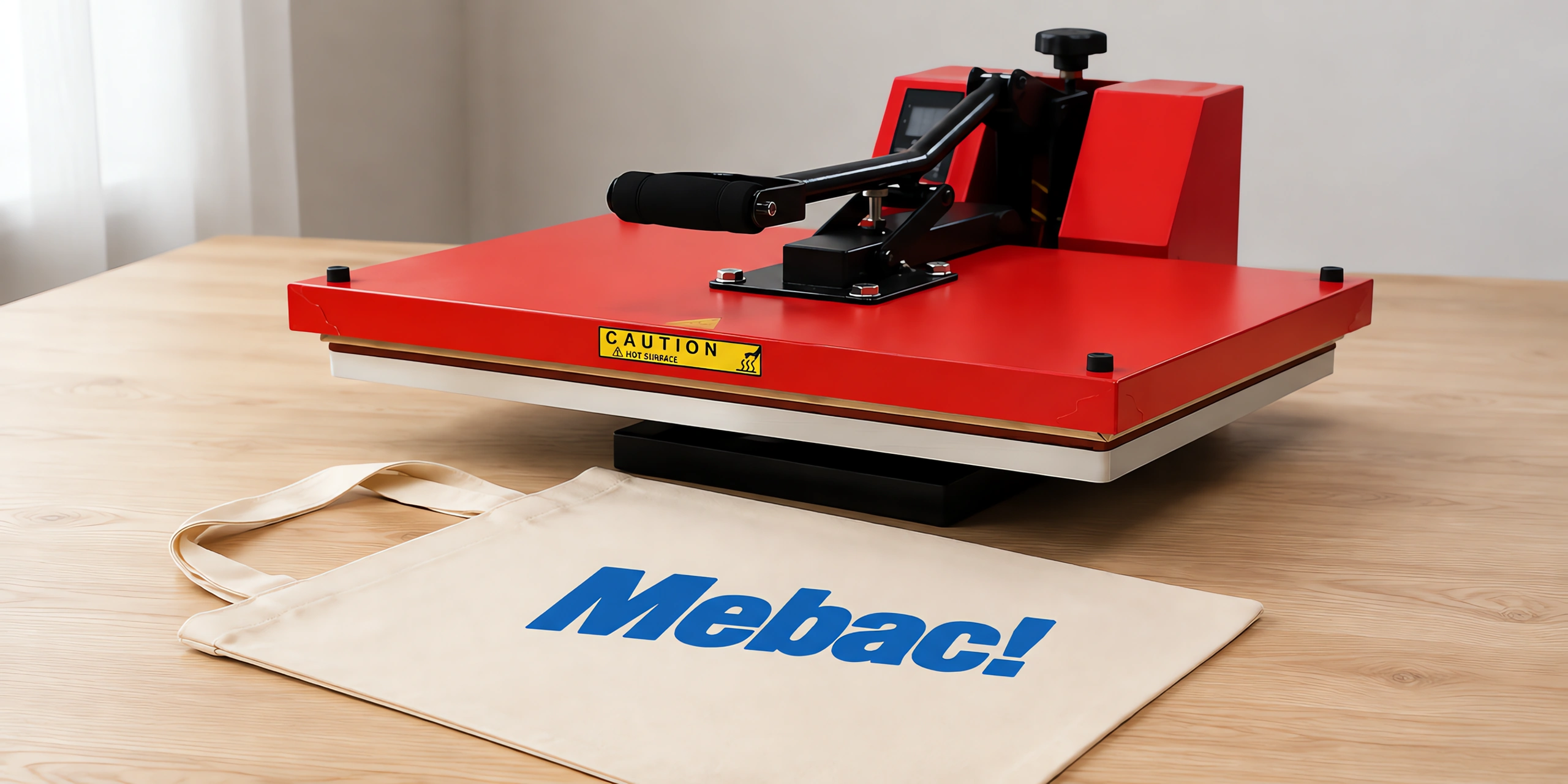 Prensa térmica plana de 40 × 60 cm sobre la mesa, con un bolso de lona recién estampado al lado