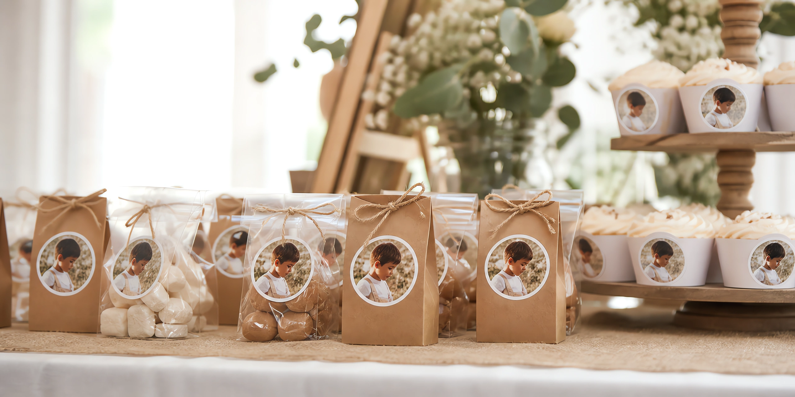 Una mesa de candy bar con cajitas y bolsas etiquetadas