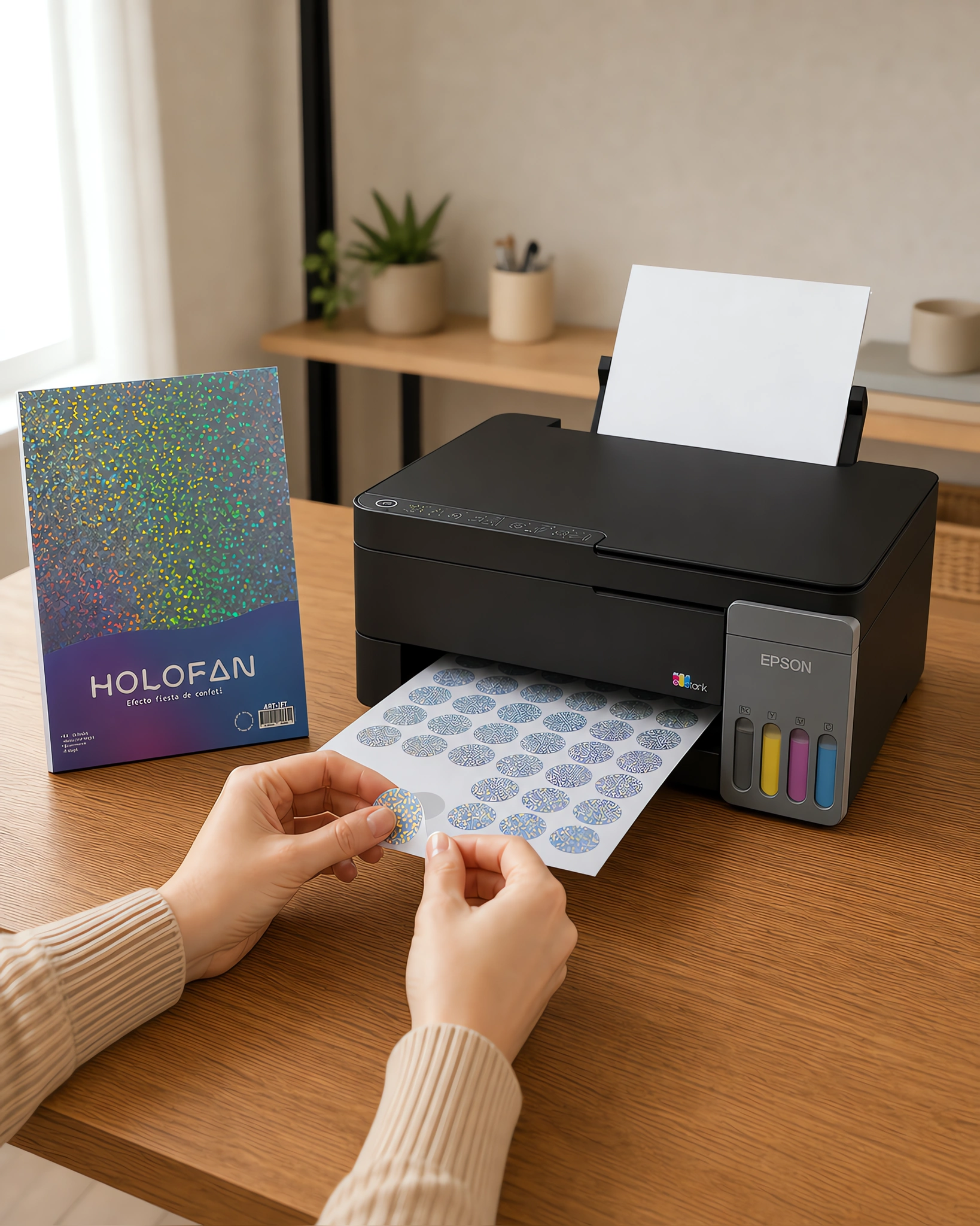 Un sticker holográfico despegándose de su hoja