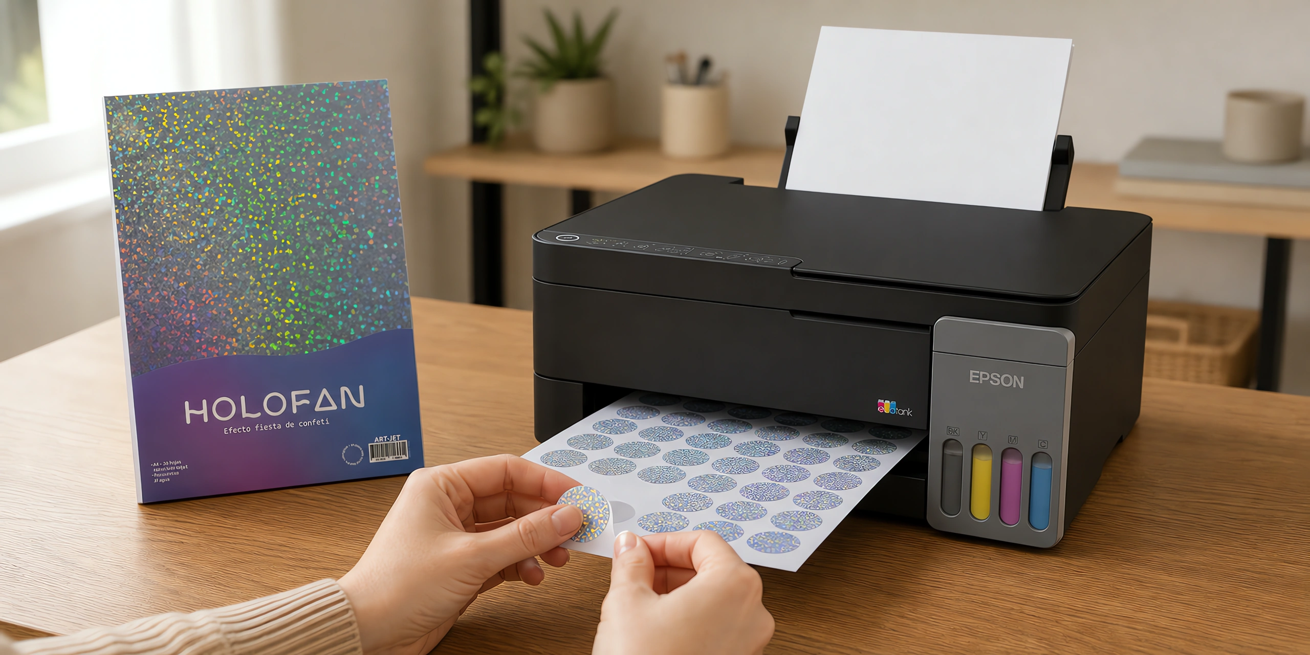 Un sticker holográfico despegándose de su hoja