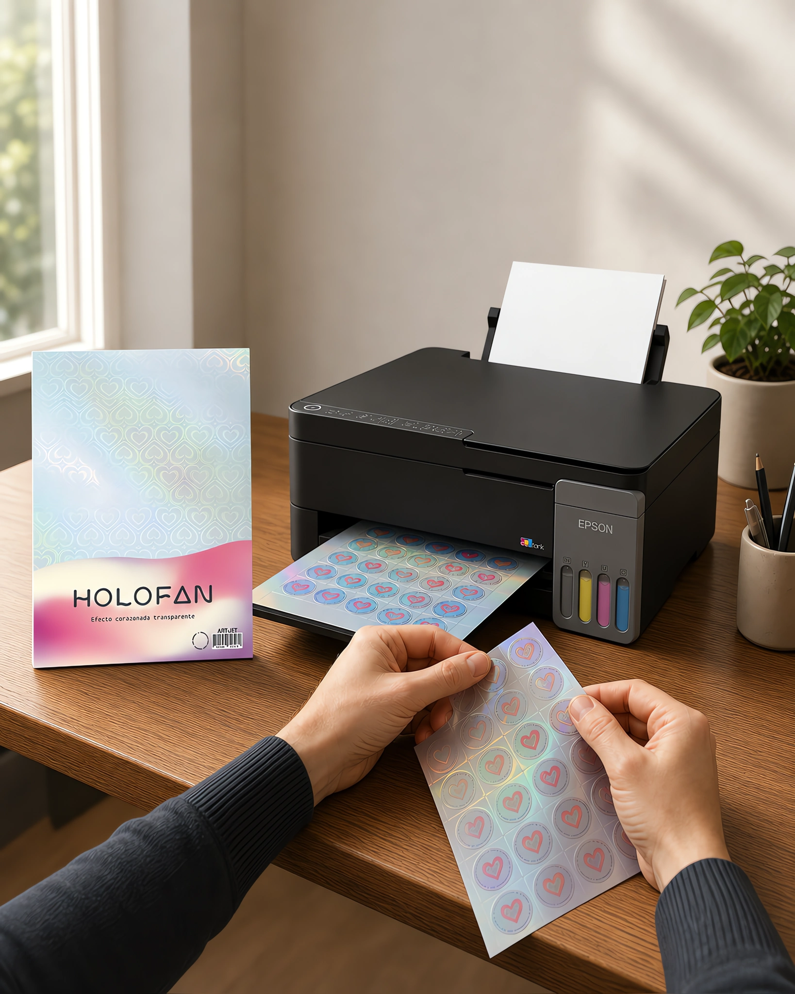 Un sticker holográfico despegándose de su hoja