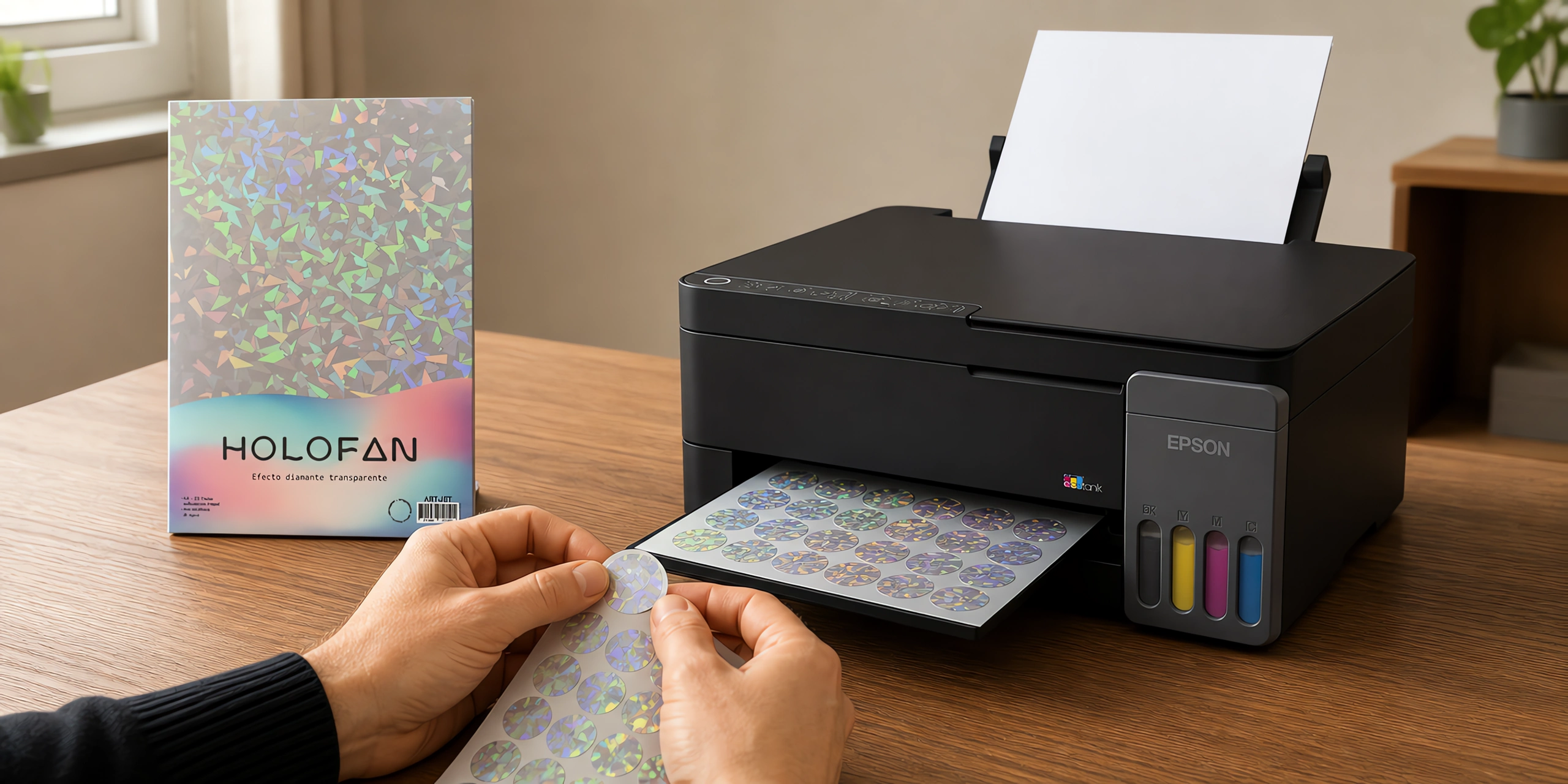 Un sticker holográfico despegándose de su hoja