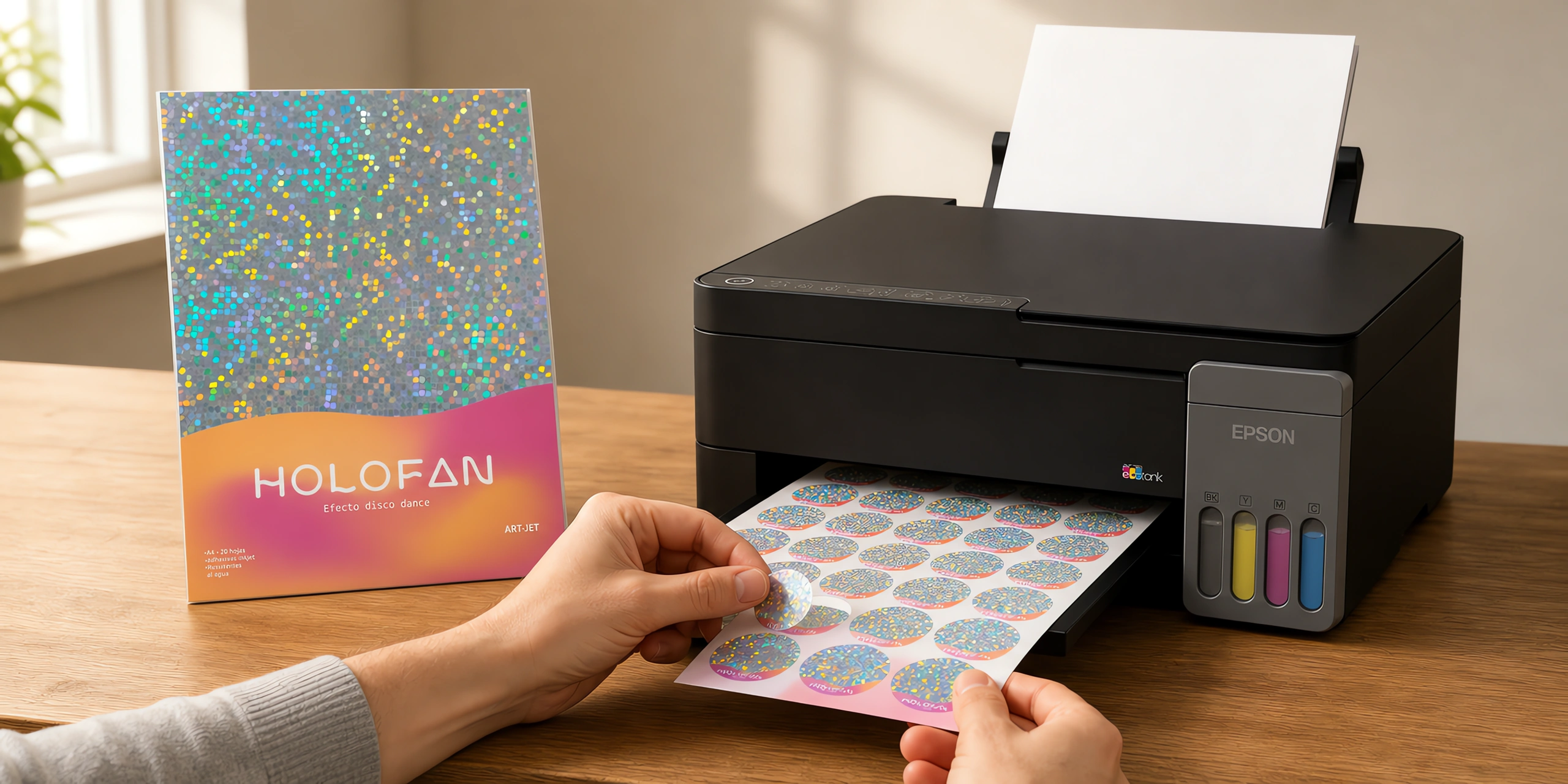 Un sticker holográfico despegándose de su hoja