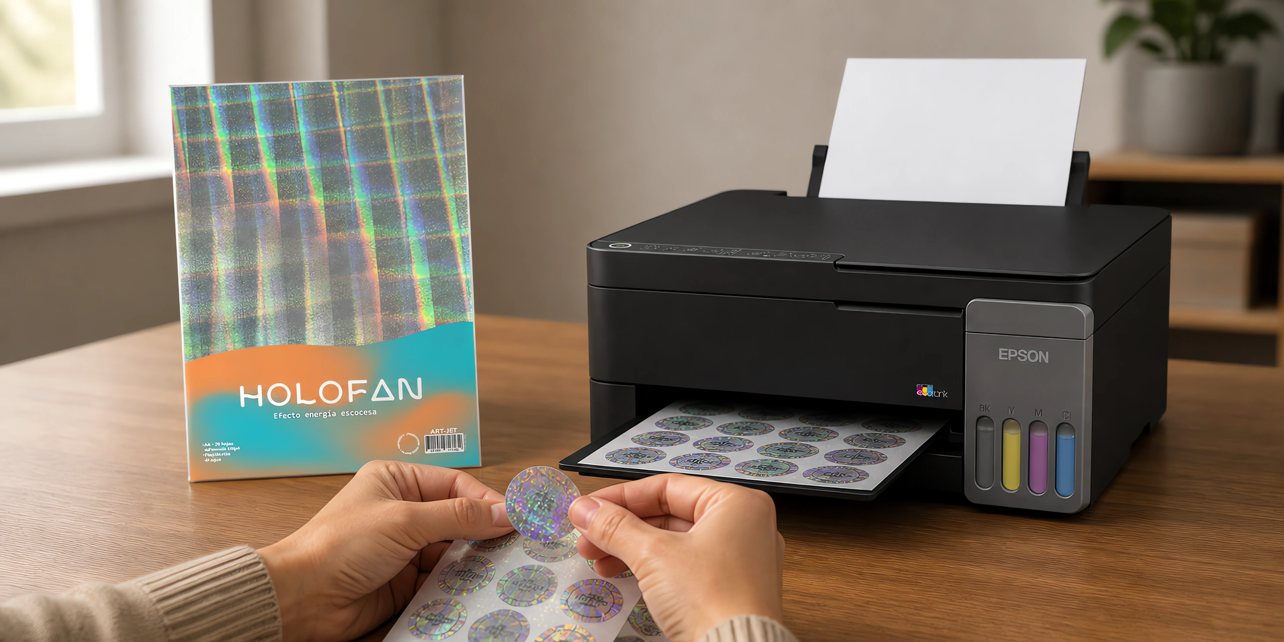 Un sticker holográfico despegándose de su hoja