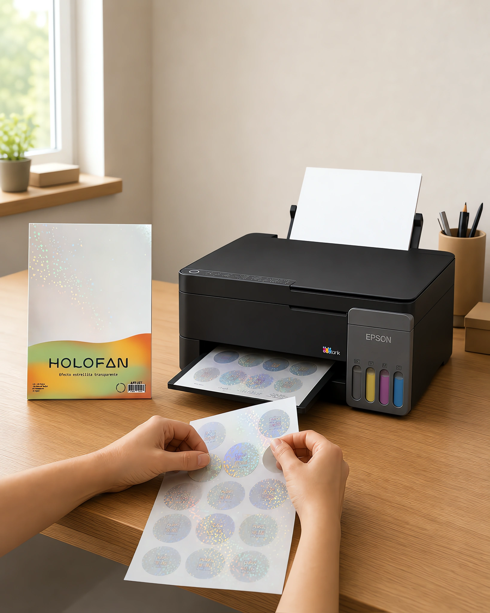Un sticker holográfico despegándose de su hoja
