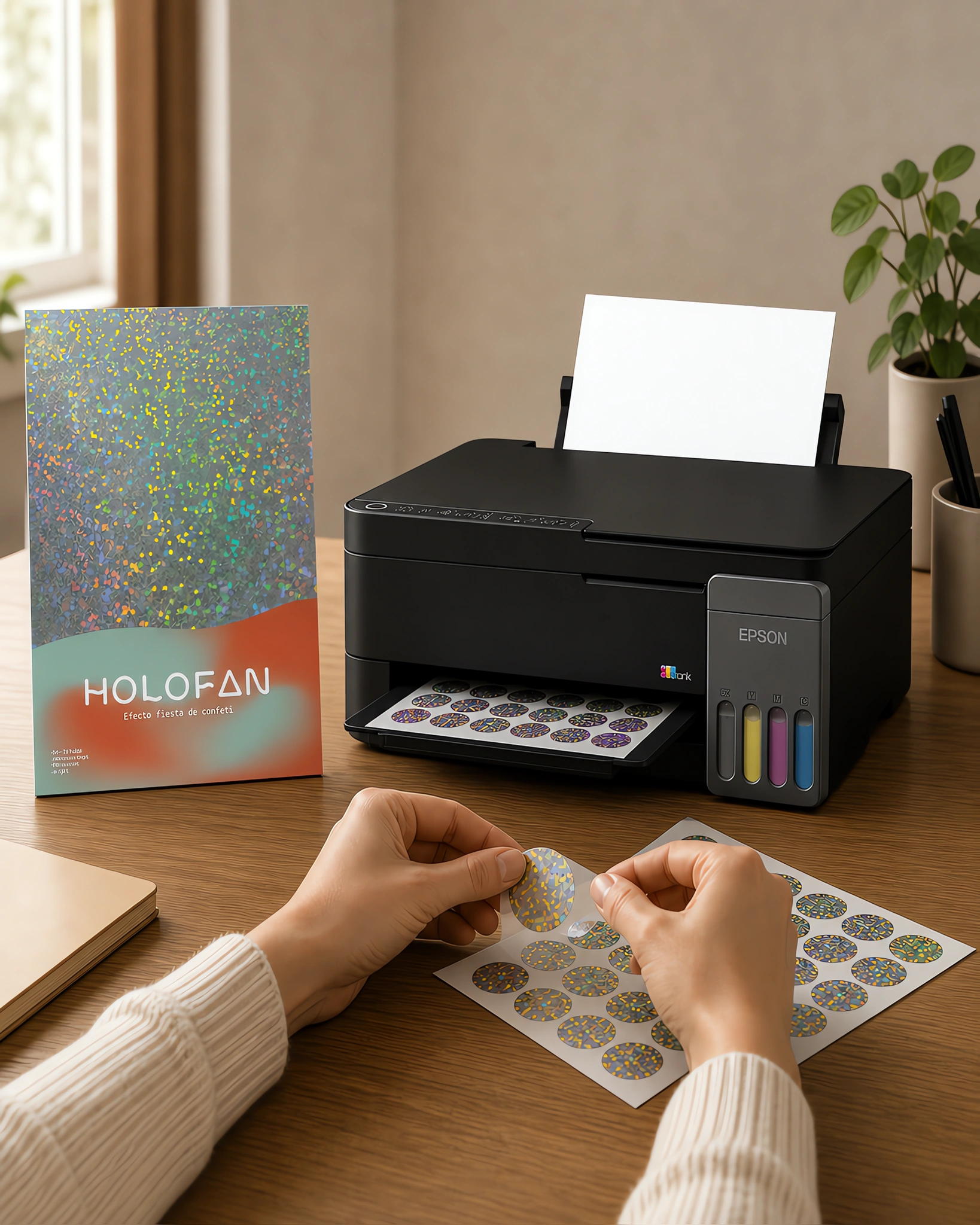Un sticker holográfico despegándose de su hoja