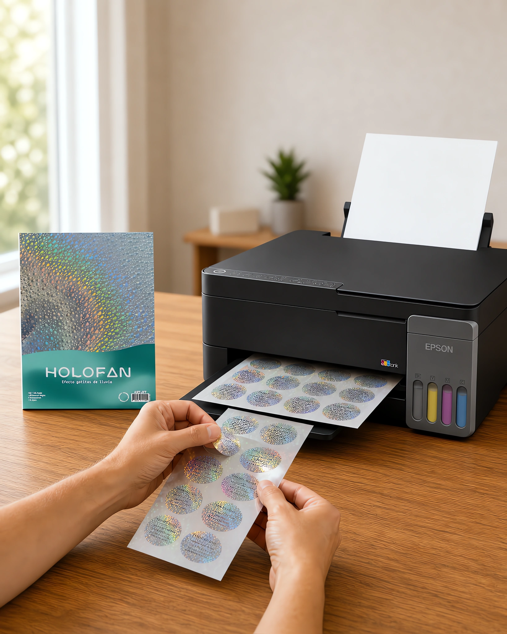 Un sticker holográfico despegándose de su hoja