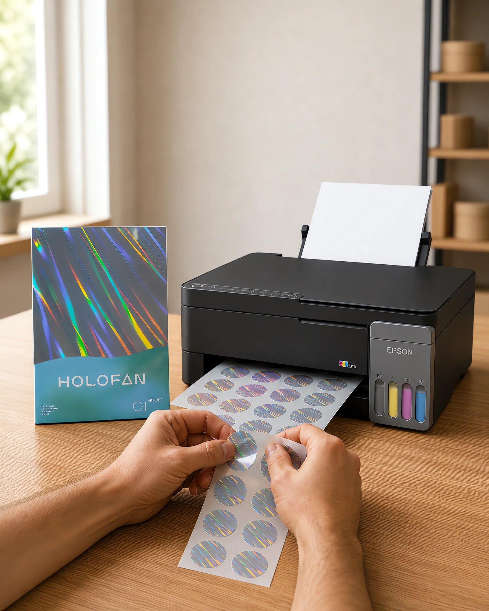 Un sticker holográfico despegándose de su hoja
