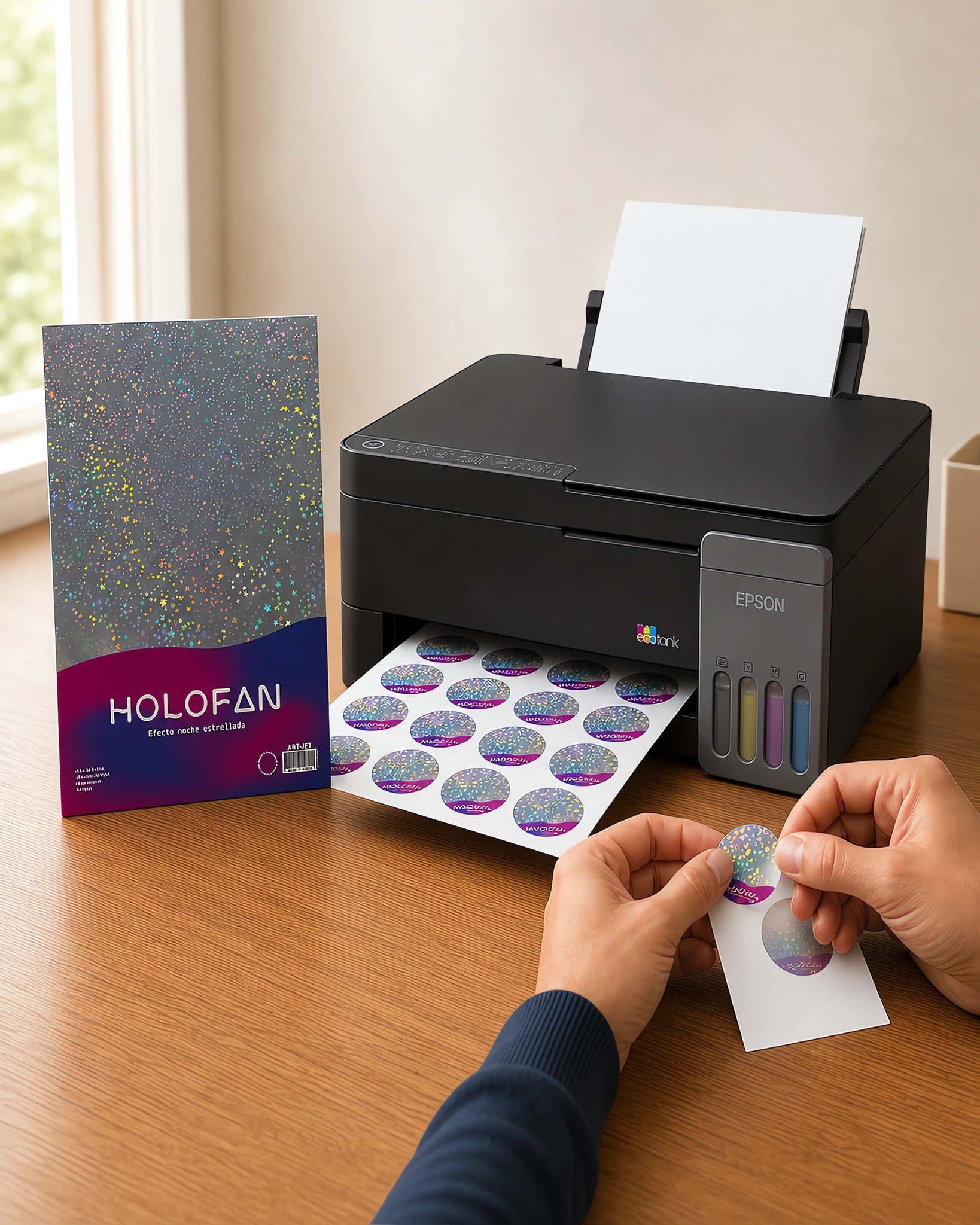 Un sticker holográfico despegándose de su hoja