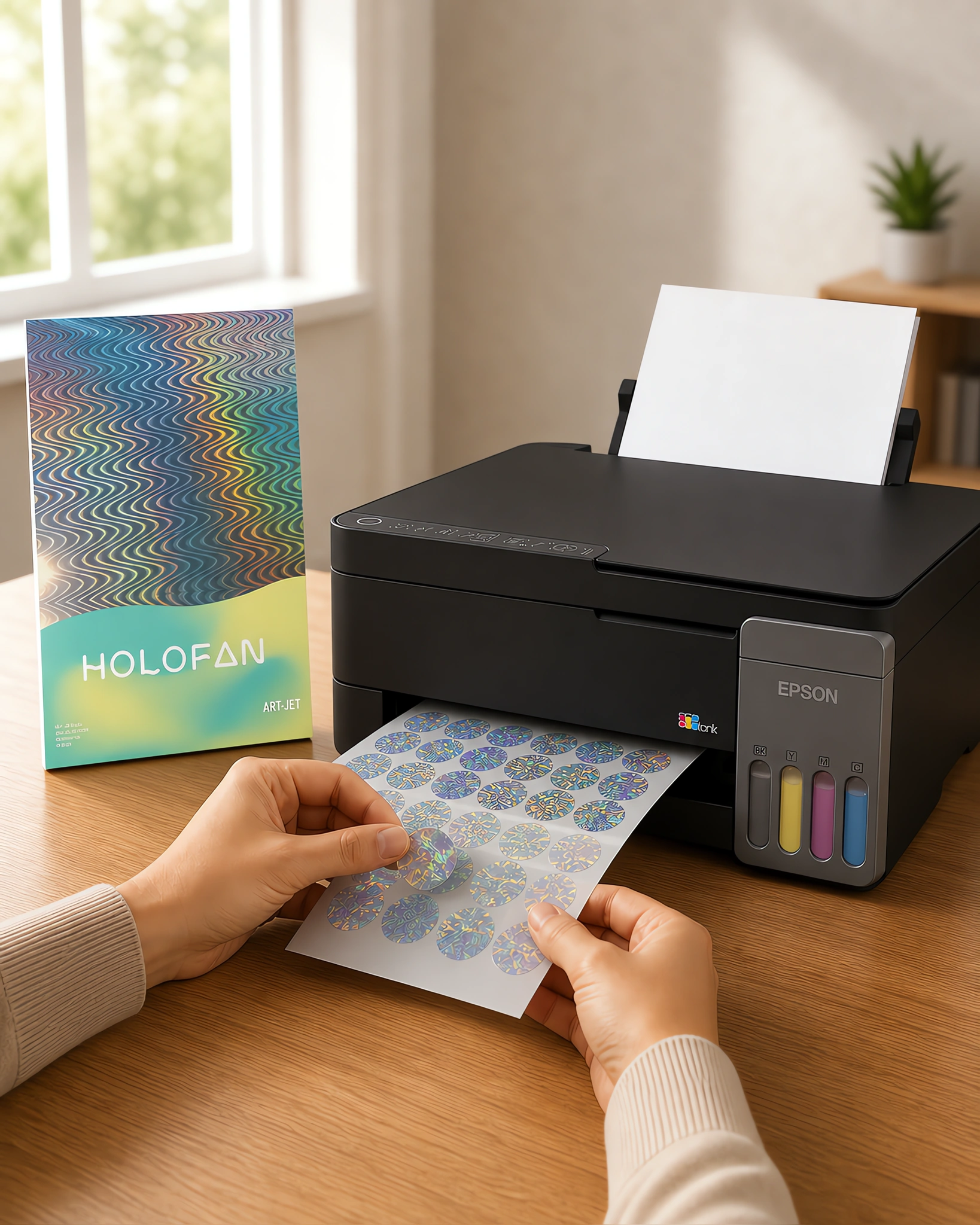 Un sticker holográfico despegándose de su hoja