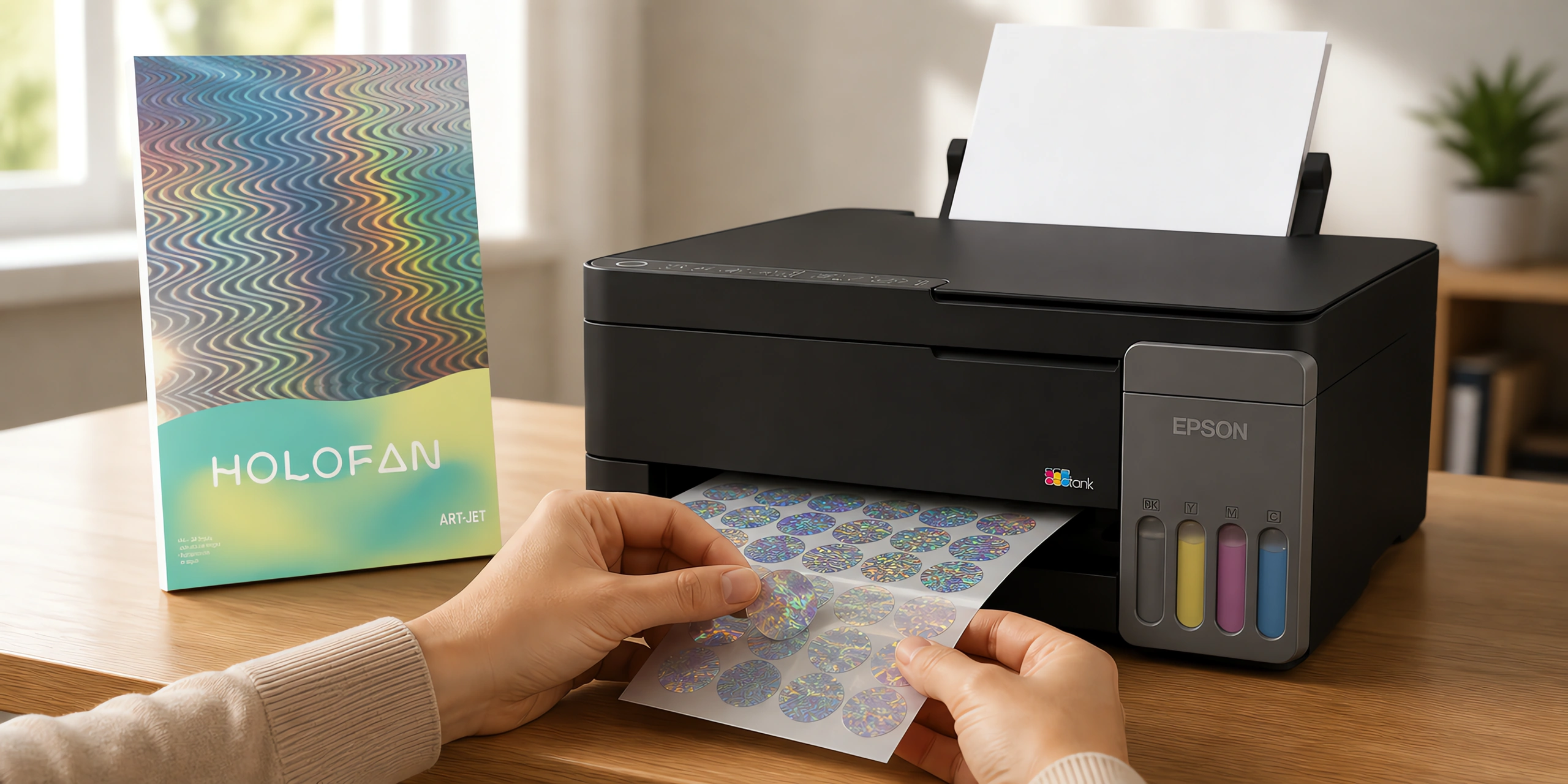 Un sticker holográfico despegándose de su hoja