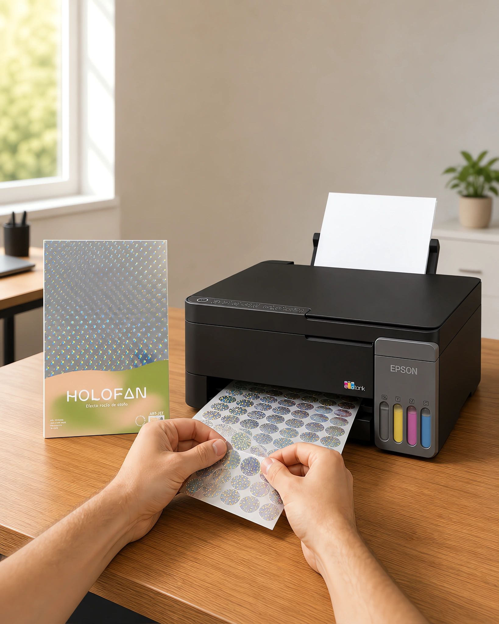 Un sticker holográfico despegándose de su hoja