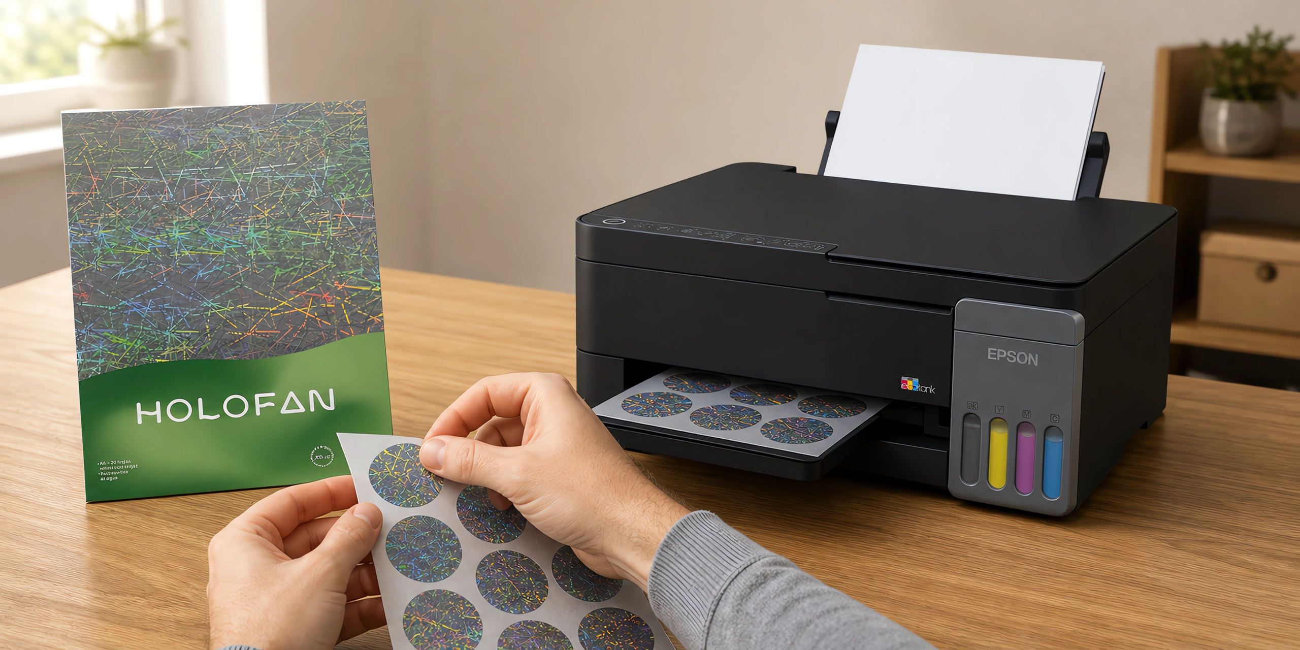 Un sticker holográfico despegándose de su hoja