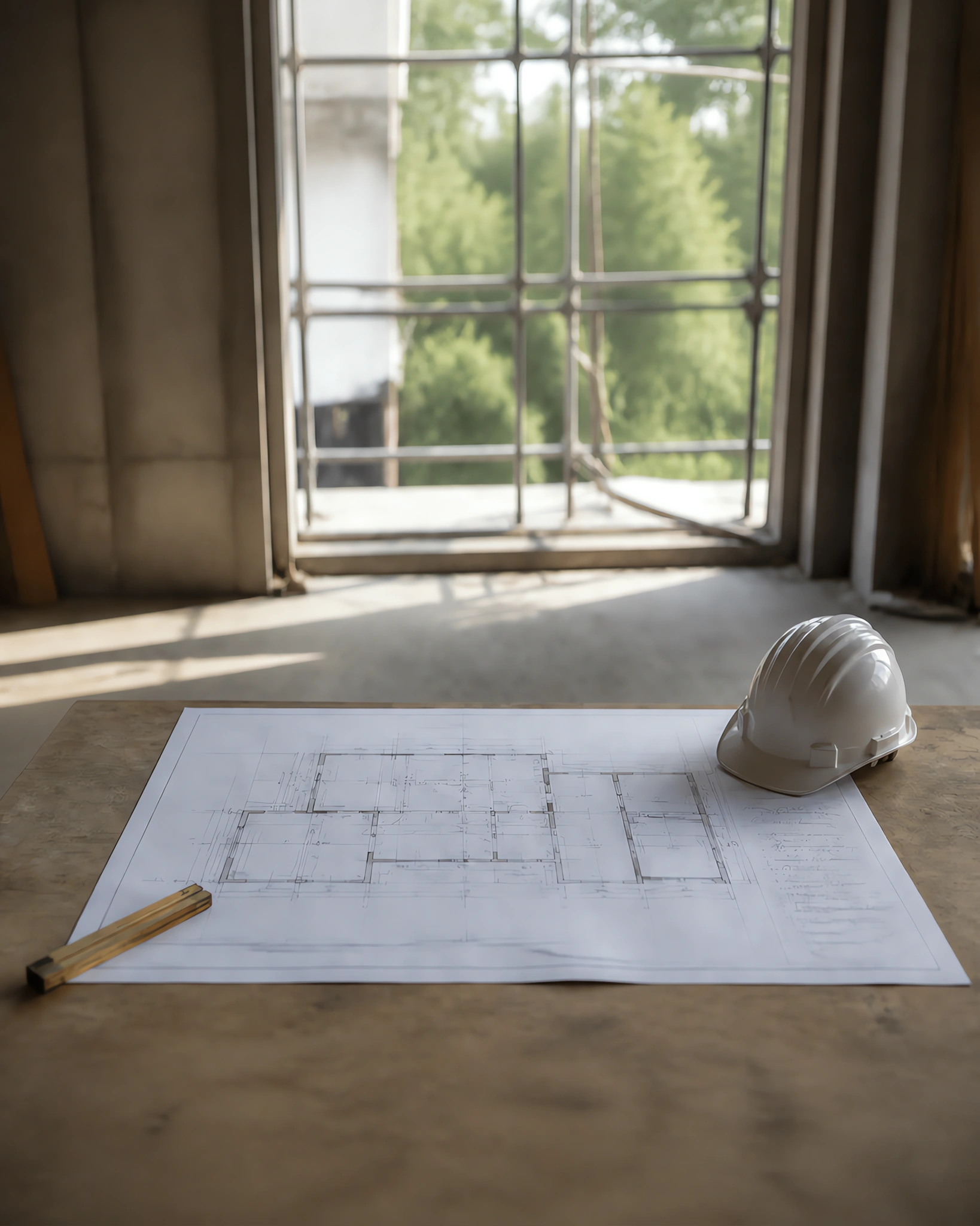 Un plano extendido sobre una mesa de obra