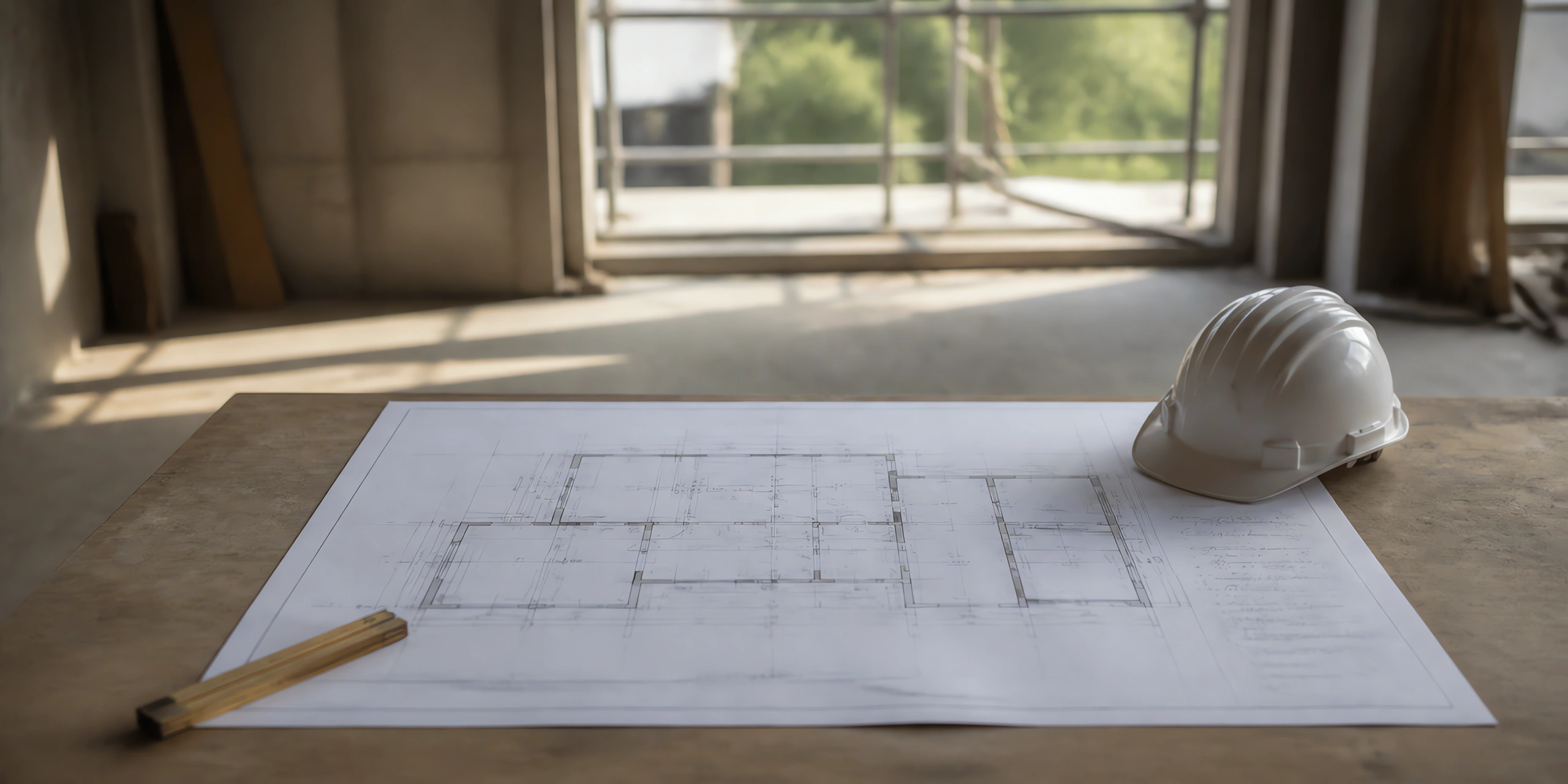 Un plano extendido sobre una mesa de obra