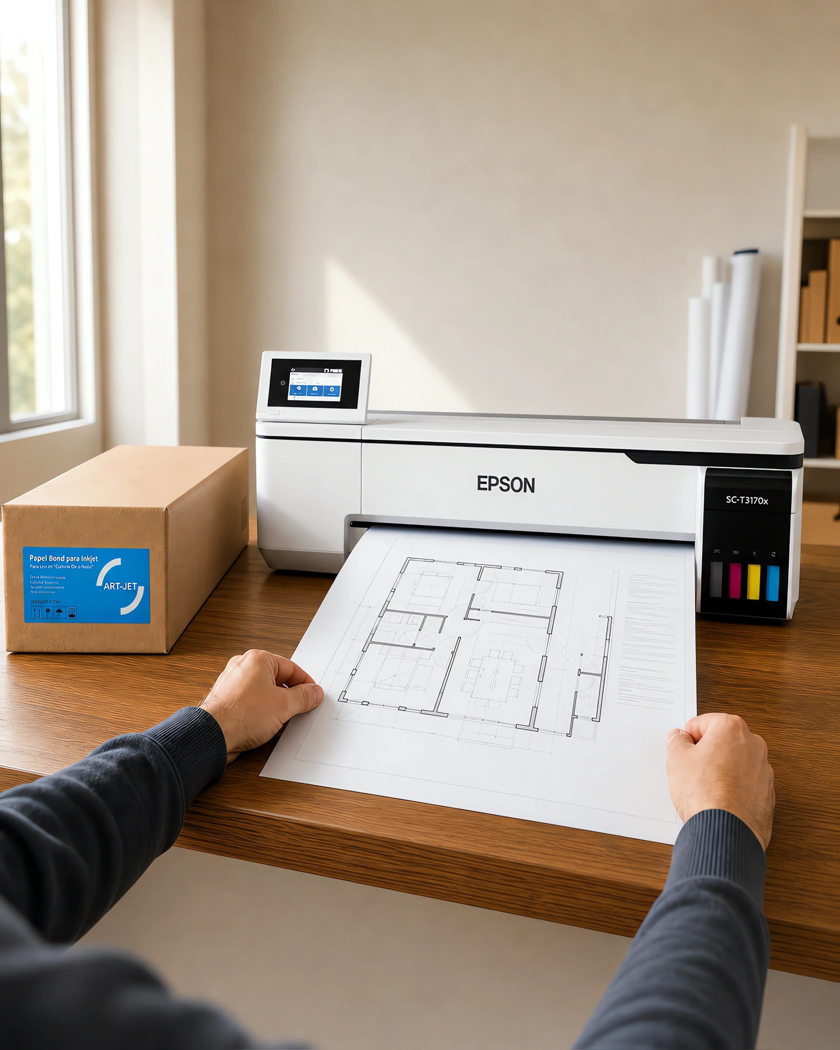 Un plano saliendo del plotter, guiado con las dos manos