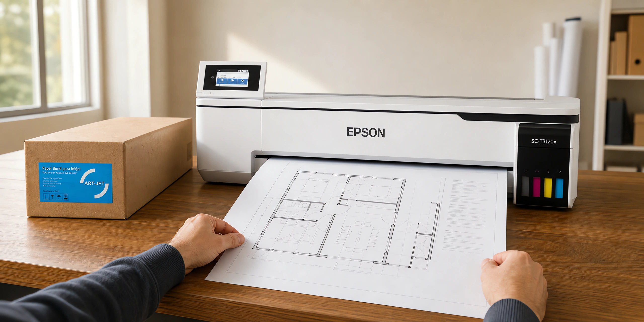 Un plano saliendo del plotter, guiado con las dos manos