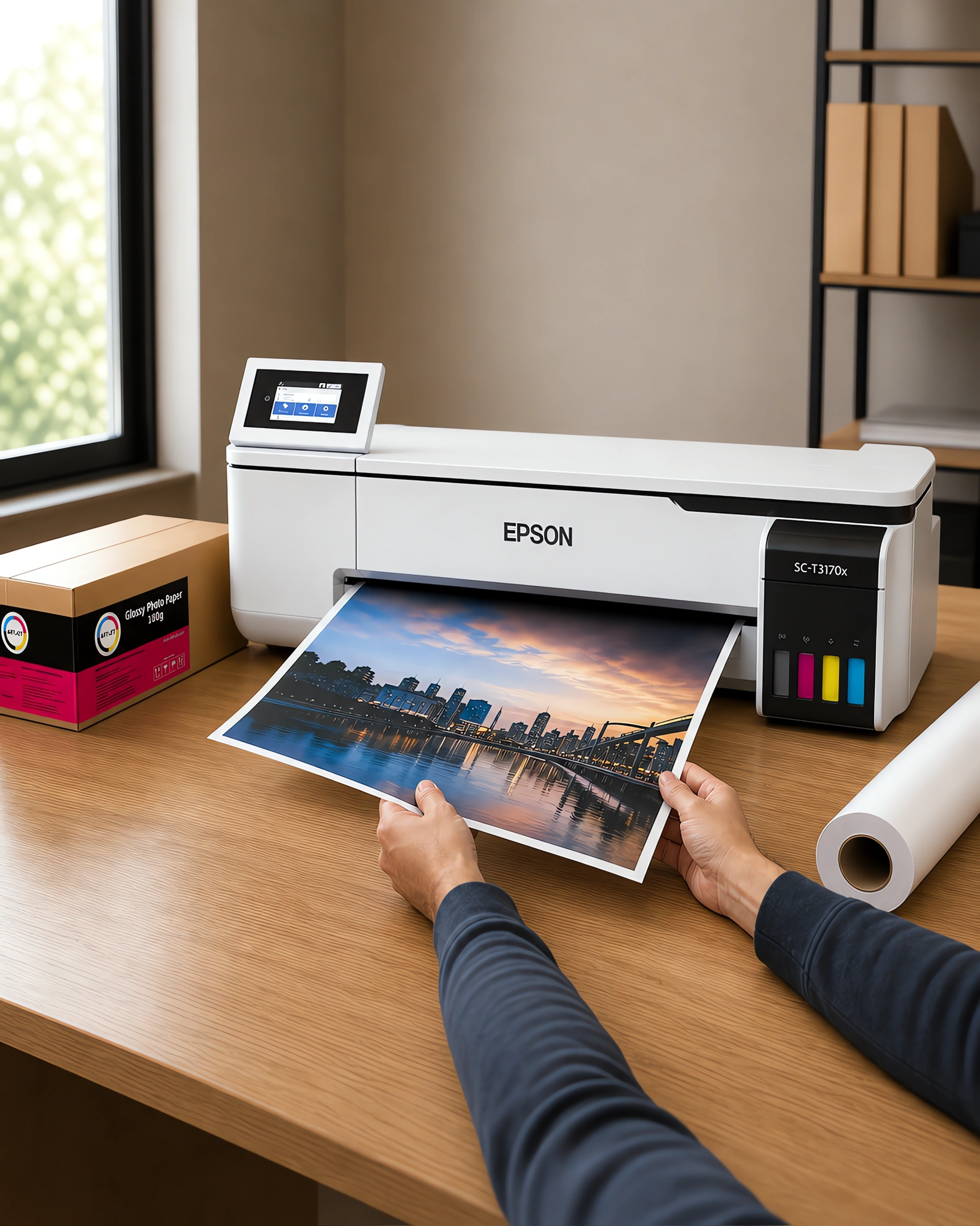 Una ampliación brillante saliendo del plotter, junto al rollo