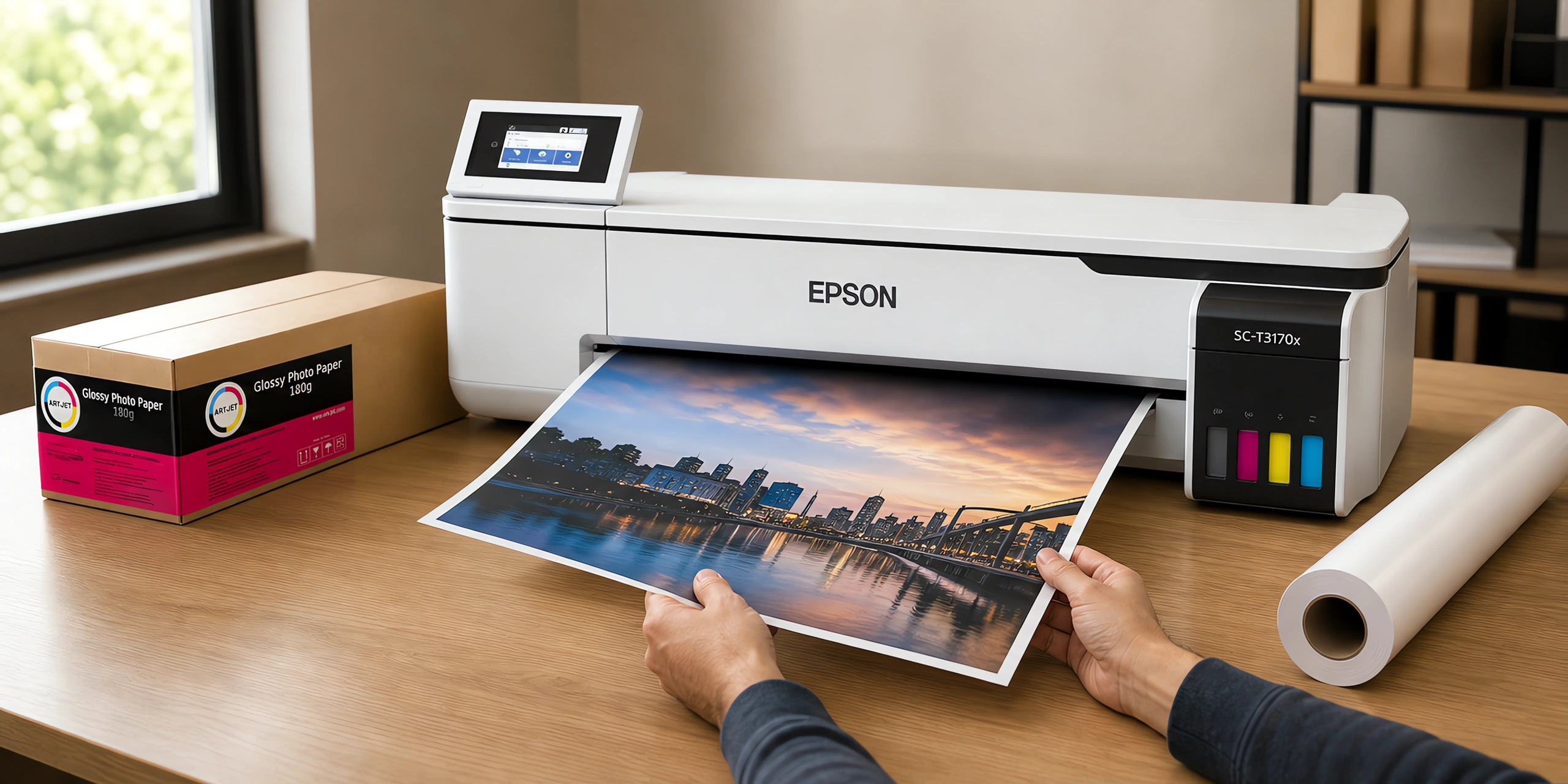 Una ampliación brillante saliendo del plotter, junto al rollo