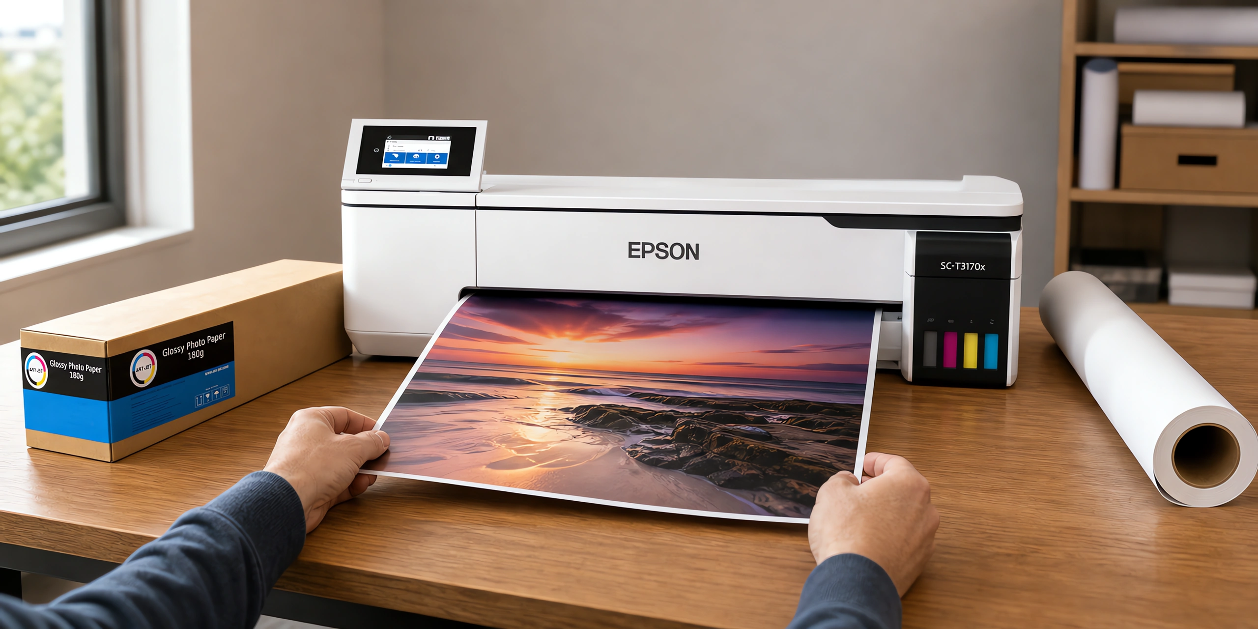 Una ampliación brillante saliendo del plotter, junto al rollo