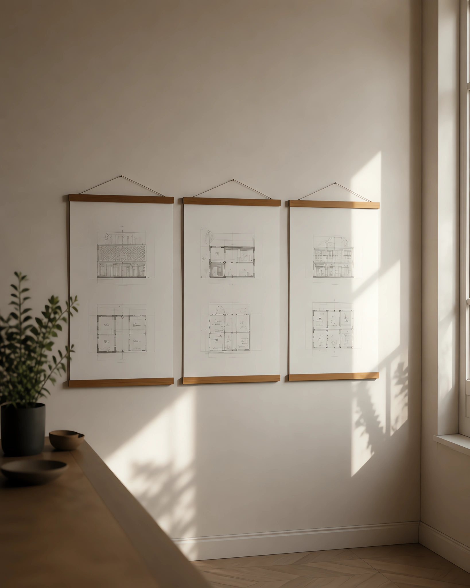 Tres láminas mate colgadas en la pared de un estudio