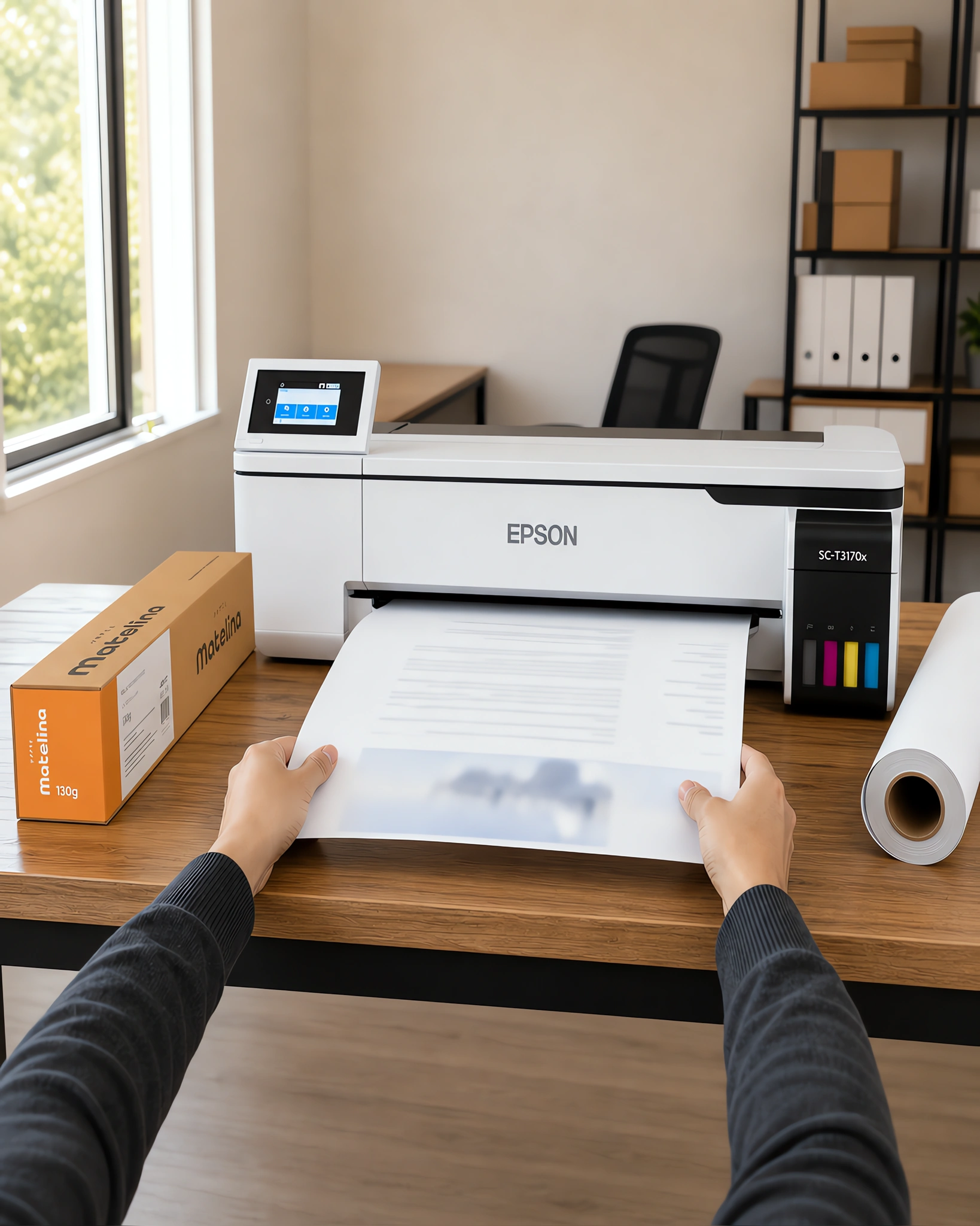 Una lámina mate saliendo del plotter, junto a un rollo de papel