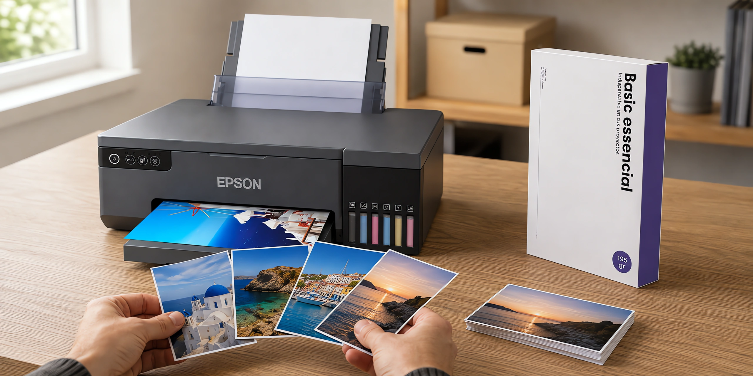 Fotos brillantes recién impresas sobre el escritorio junto a la caja de papel fotográfico